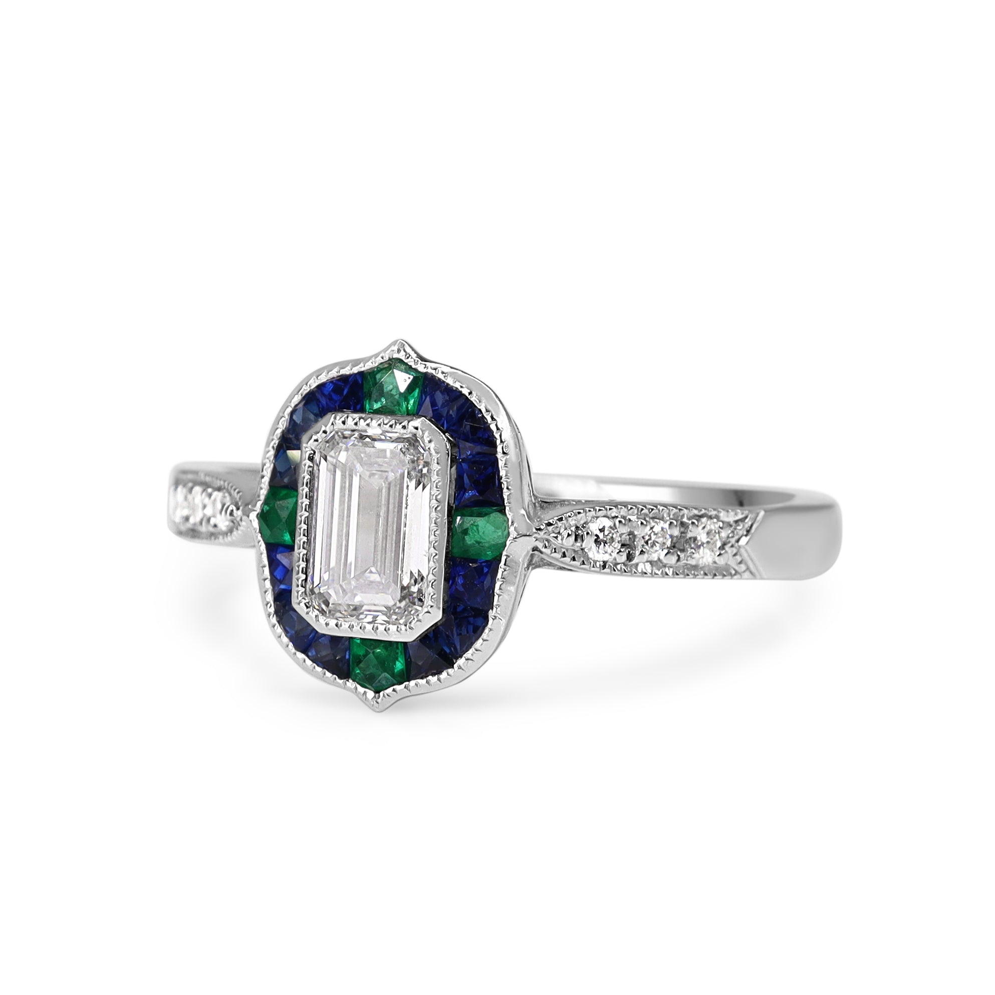 Platinum Emerald Cut Diamond with Sapphire and Emerald Art Deco Style Halo
