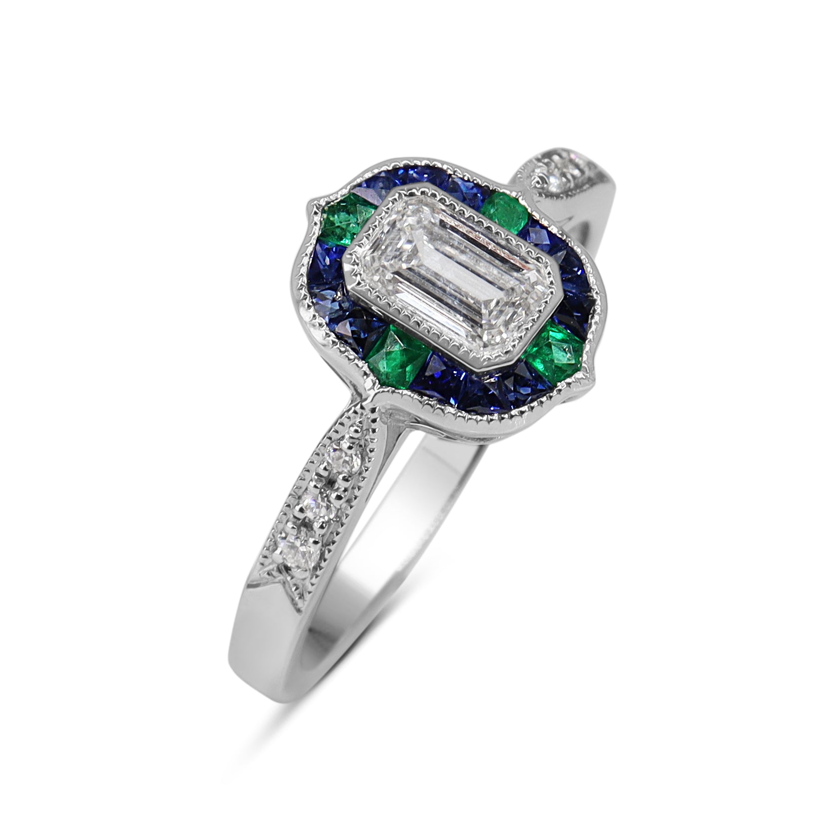 Platinum Emerald Cut Diamond with Sapphire and Emerald Art Deco Style Halo