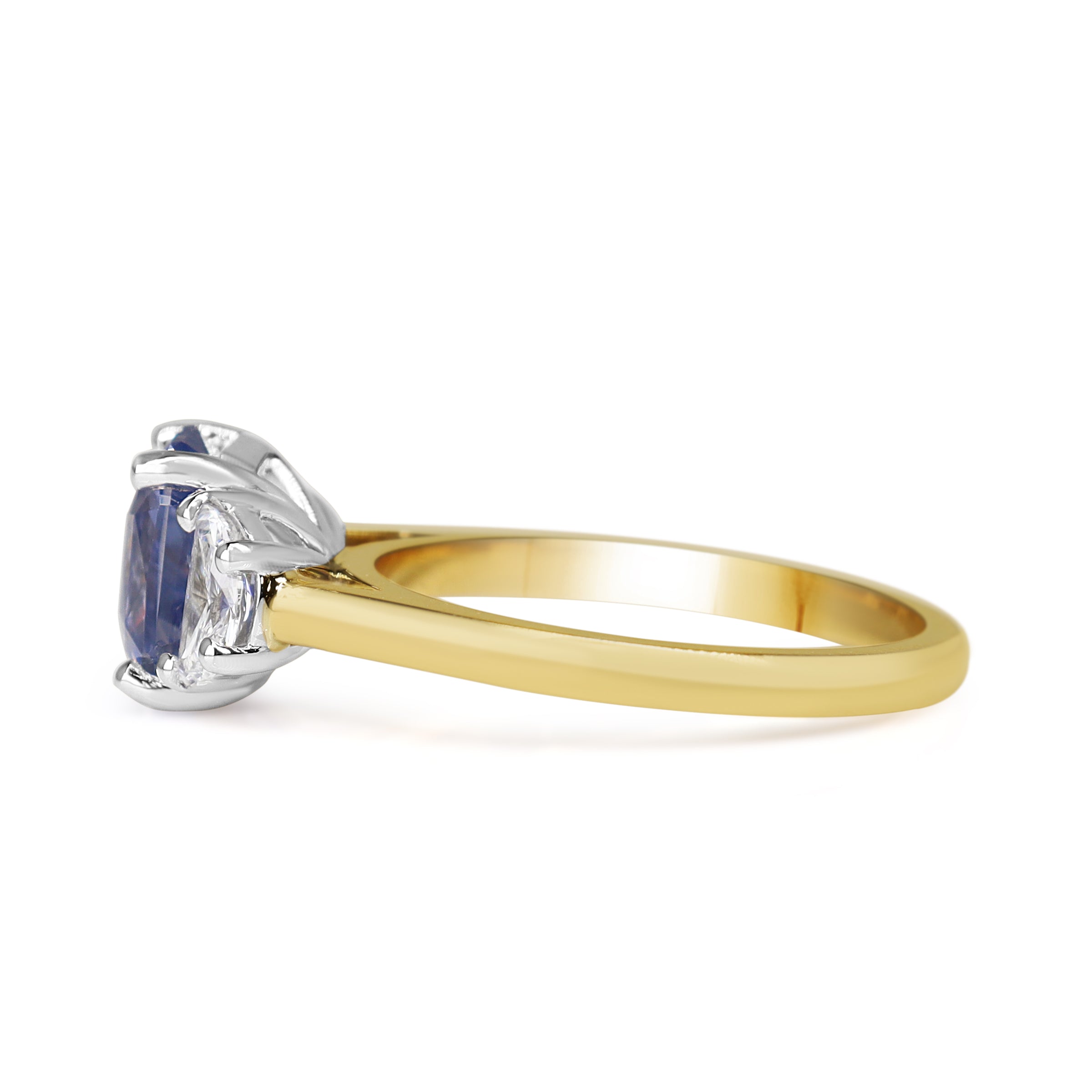 18ct Yellow and White Gold Colour Change Violet - Blue Sapphire and Half Moon Diamond 3 Stone Ring