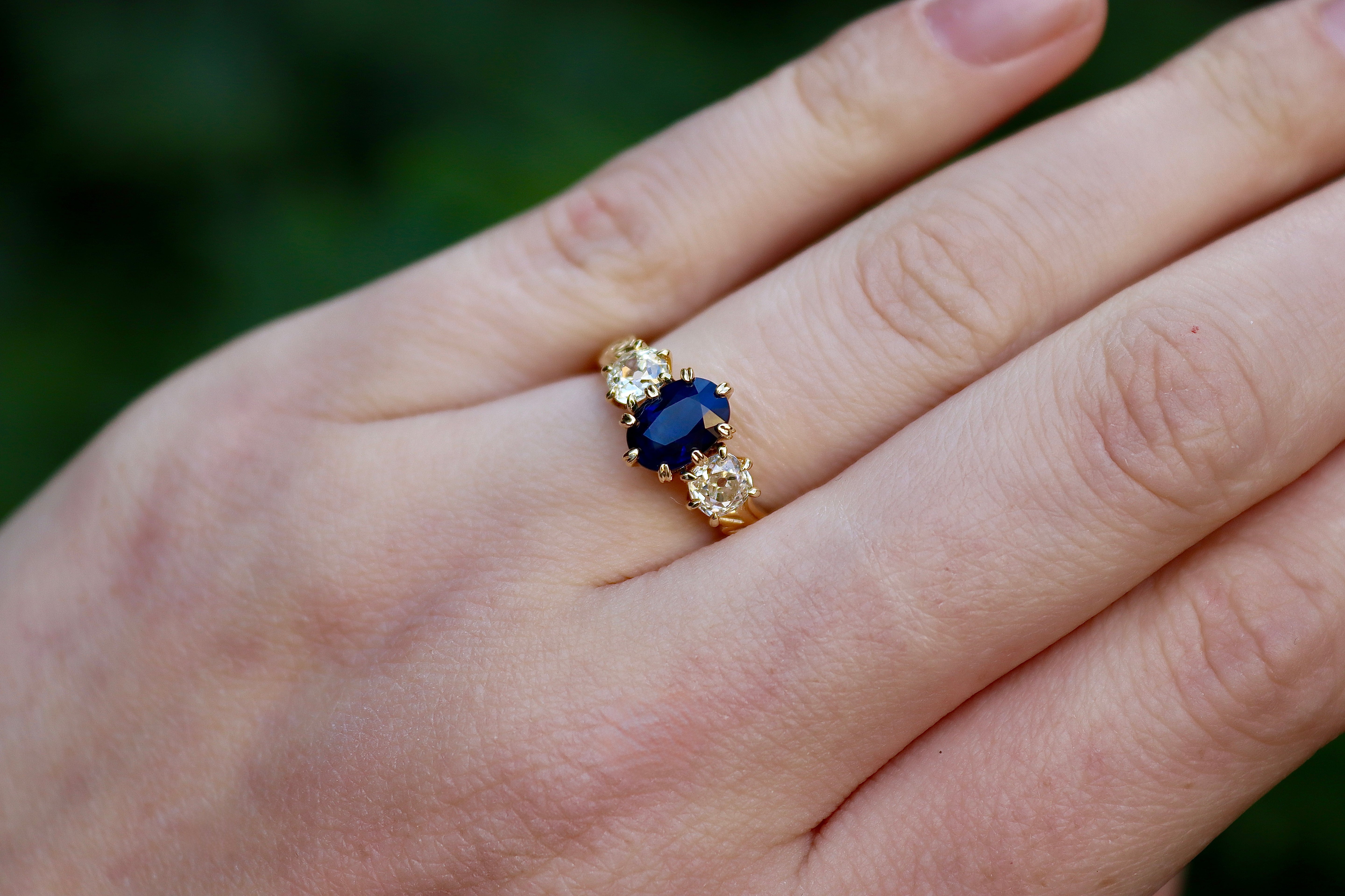 18ct Yellow Gold Antique Style Sapphire and Old Cut Diamond 3 Stone Ring