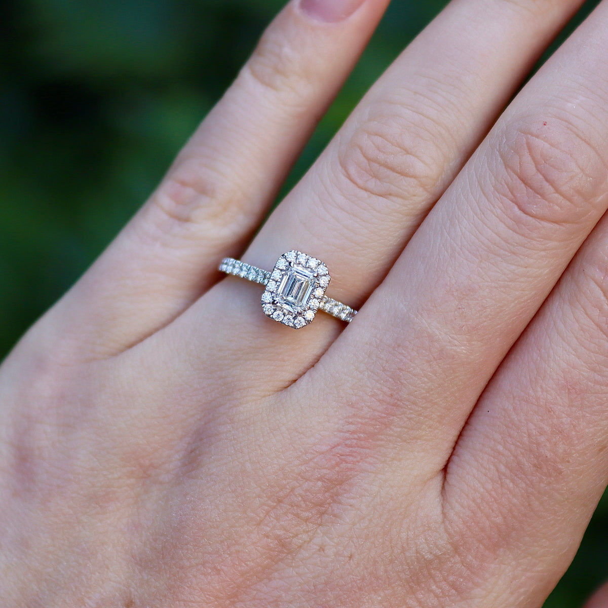 18ct White Gold Emerald Cut Diamond Halo Ring