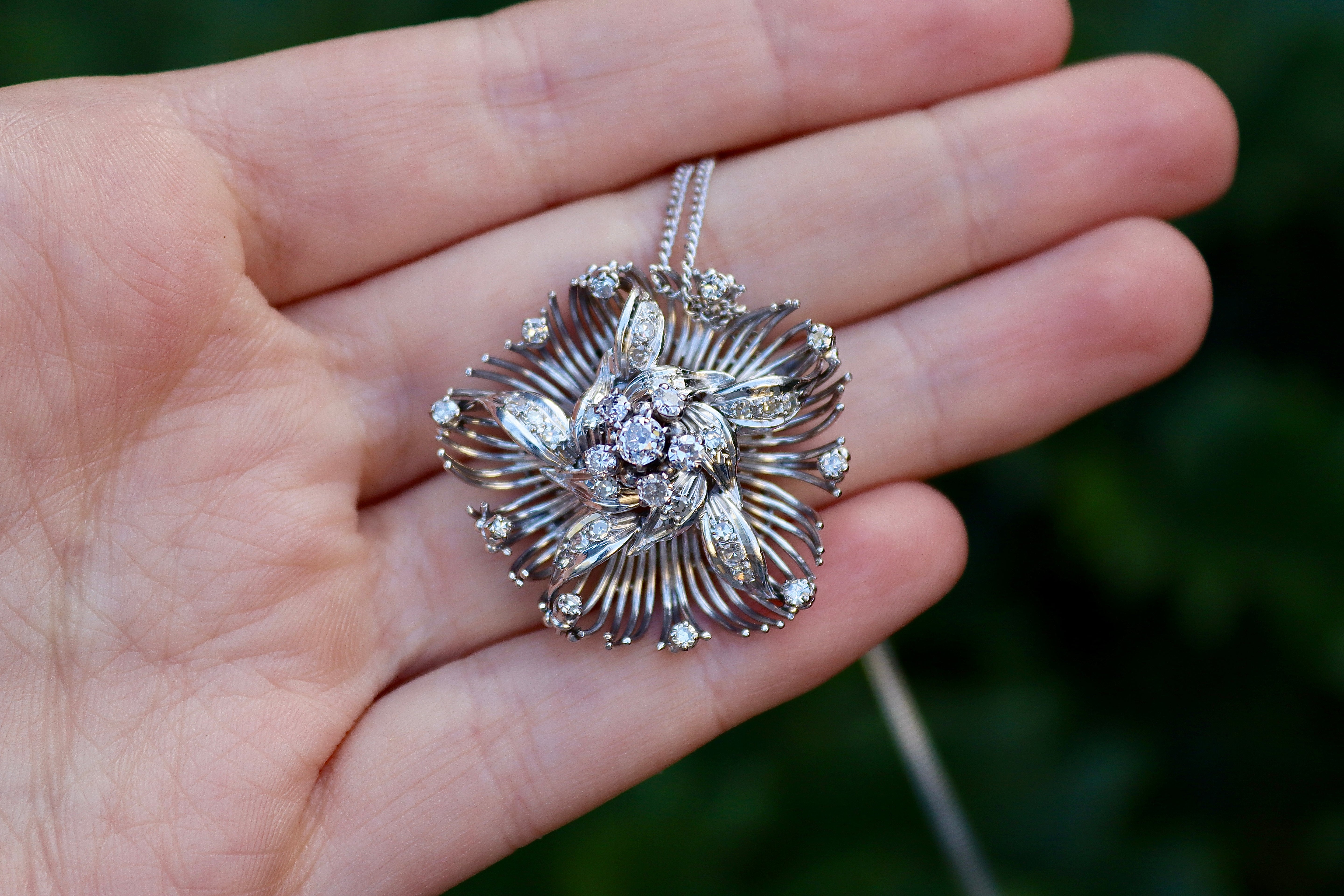 18ct White Gold Vintage Old Cut Diamond Floral Necklace