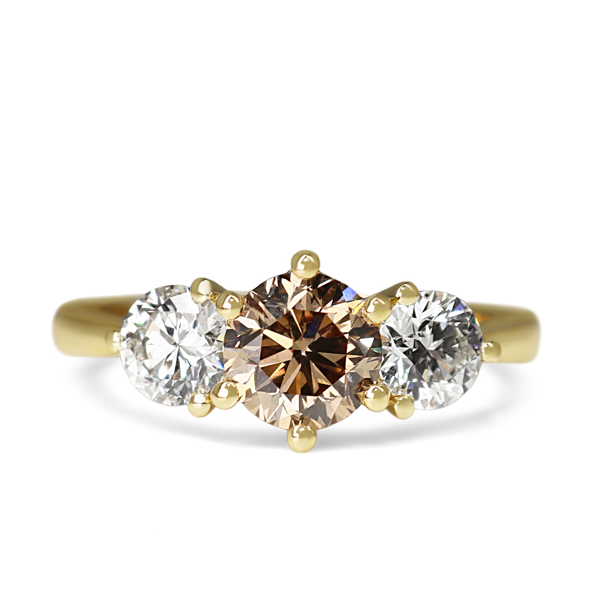 18ct Yellow Gold Champagne and White Diamond 3 Stone Ring