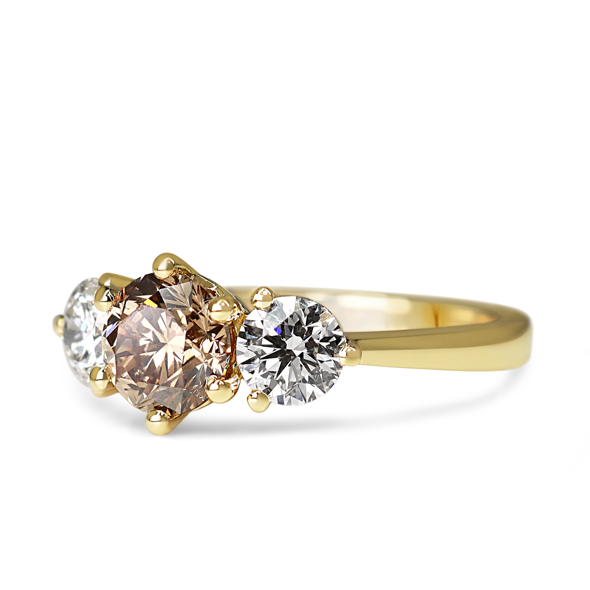 18ct Yellow Gold Champagne and White Diamond 3 Stone Ring
