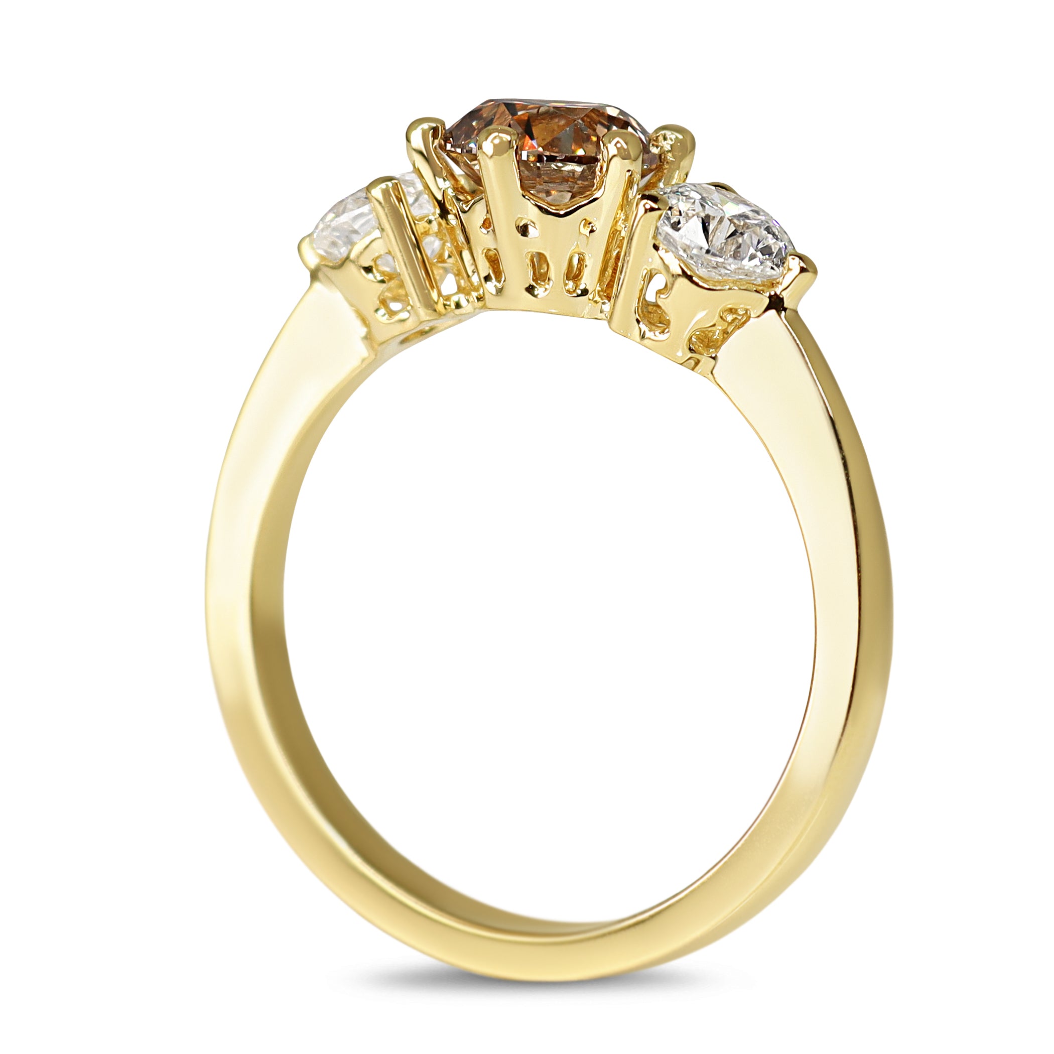 18ct Yellow Gold Champagne and White Diamond 3 Stone Ring