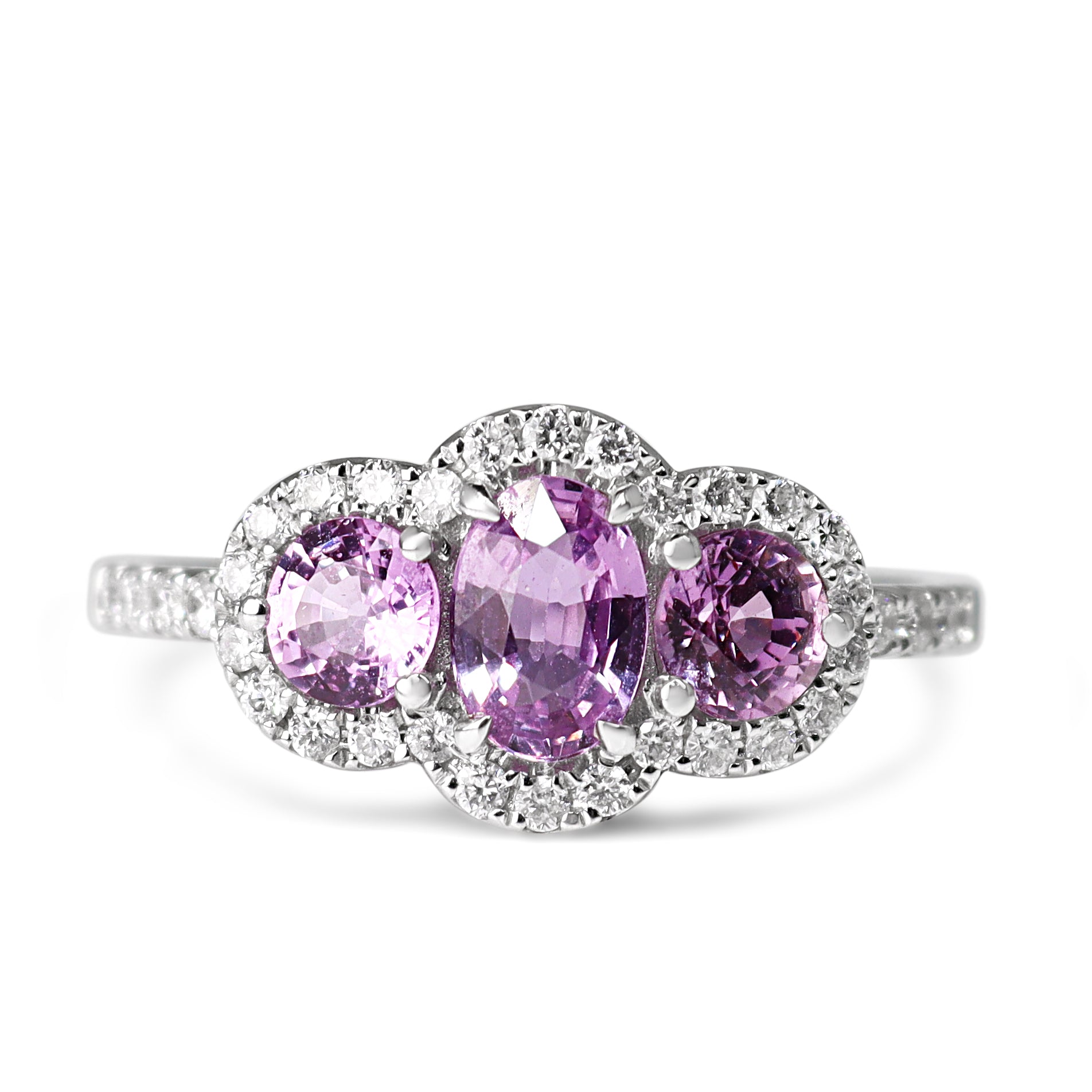 18ct White Gold Pink Sapphire 3 Stone and Halo Ring