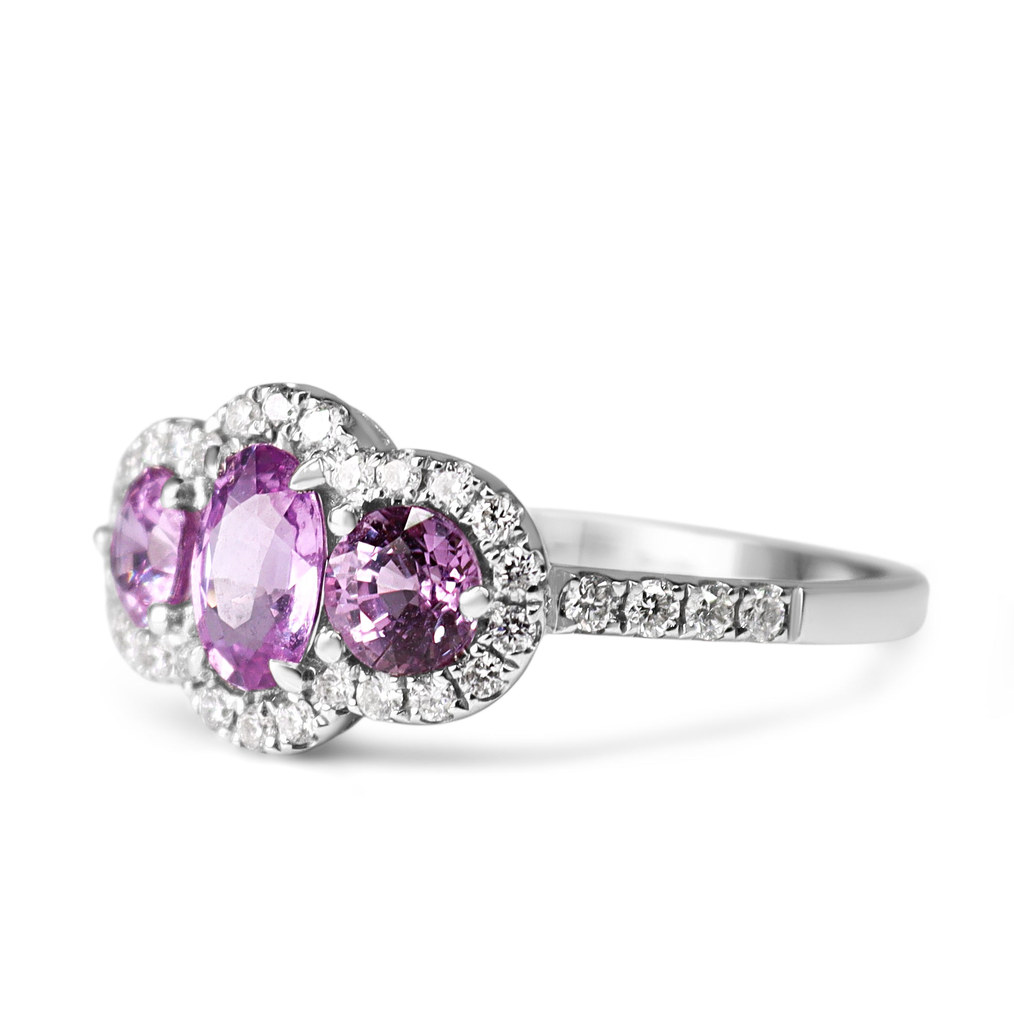 18ct White Gold Pink Sapphire 3 Stone and Halo Ring
