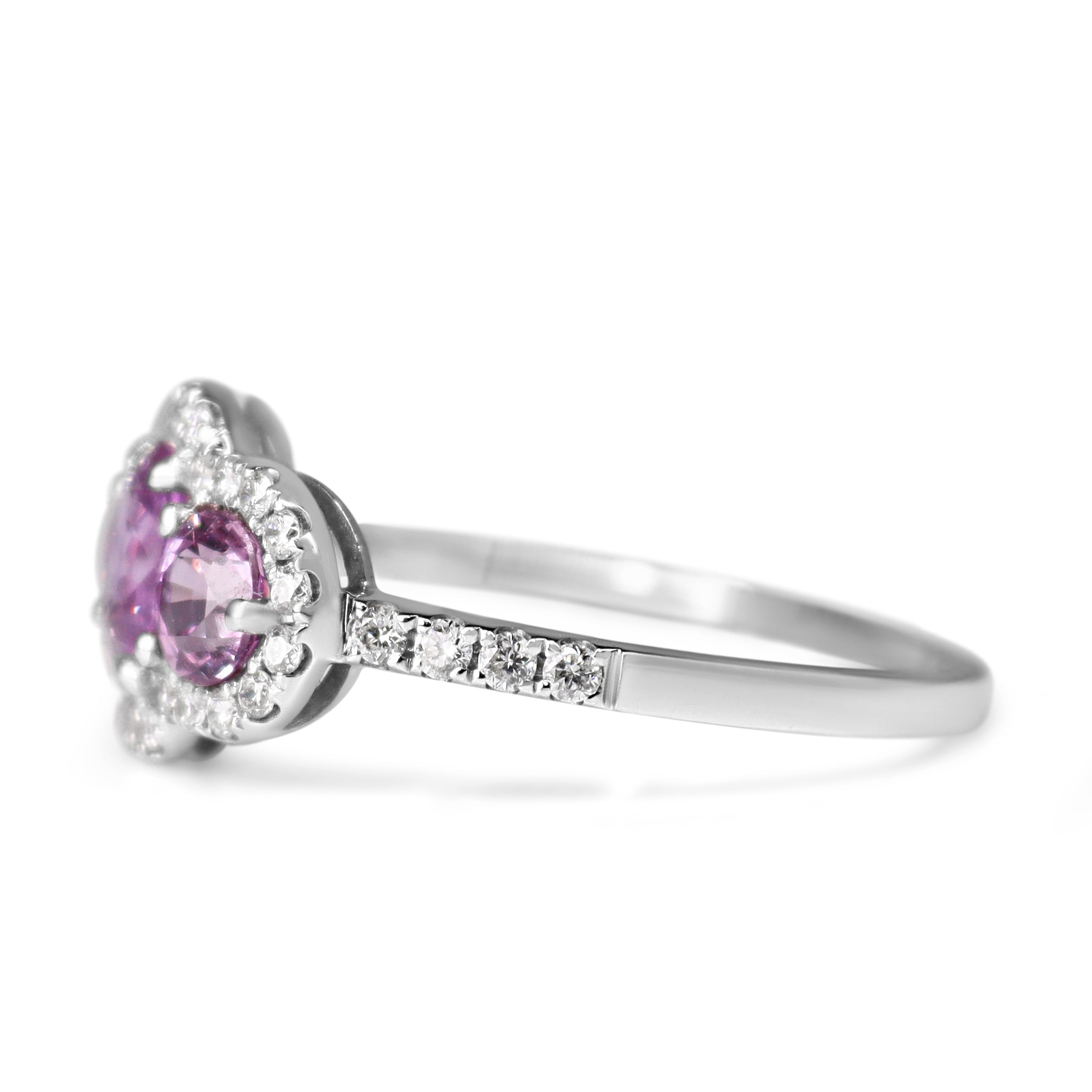 18ct White Gold Pink Sapphire 3 Stone and Halo Ring
