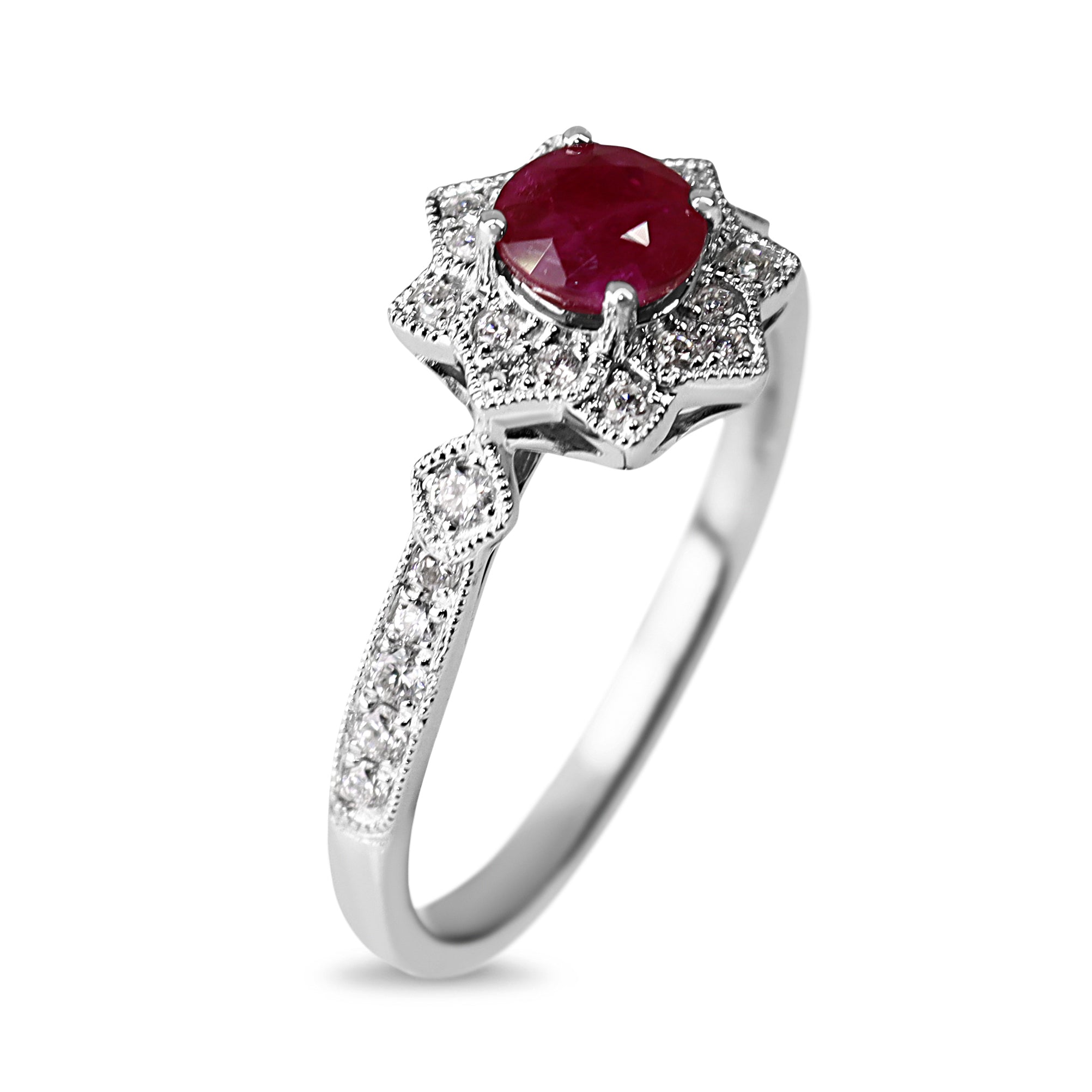 9ct White Gold Ruby and Diamond Art Deco Style Halo Ring