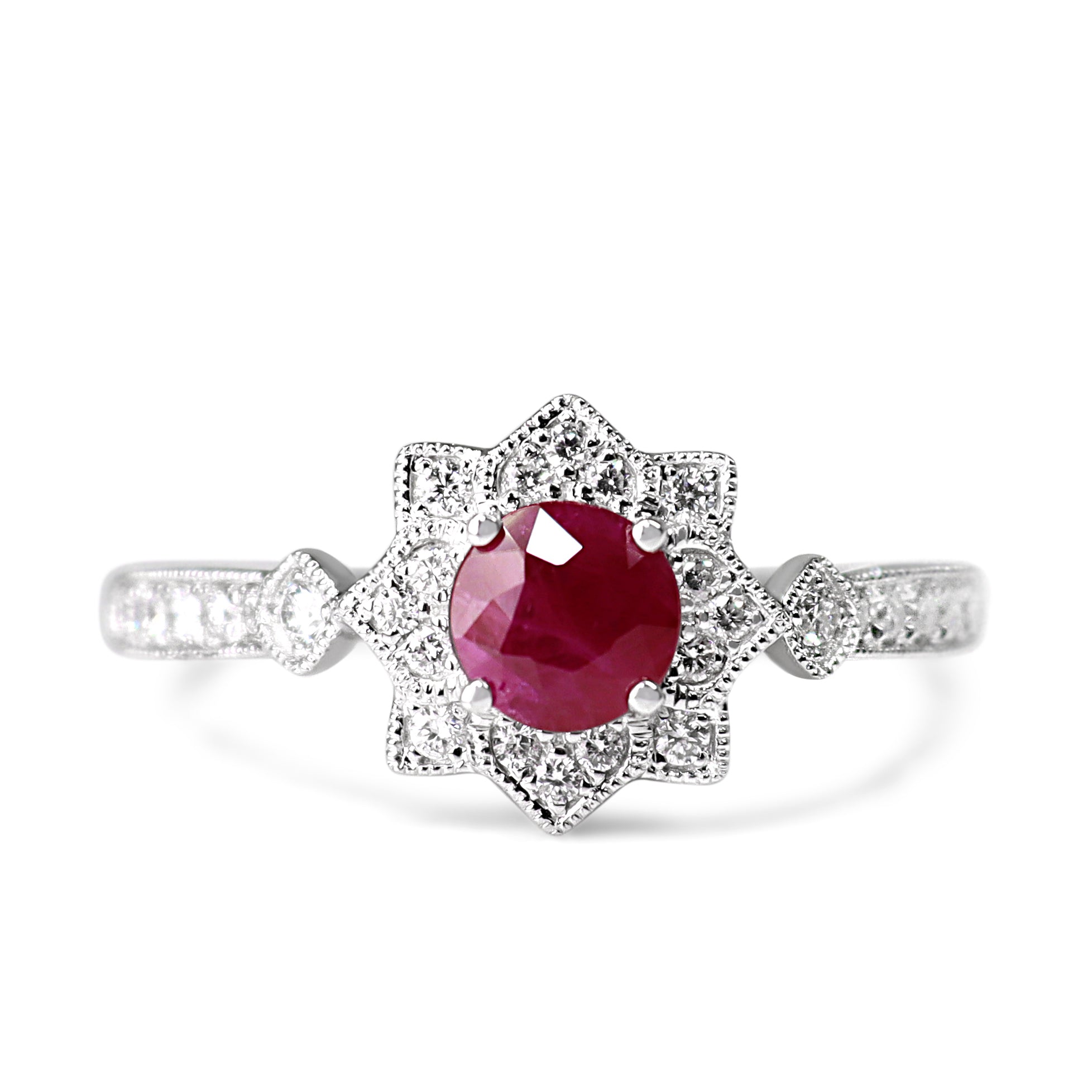9ct White Gold Ruby and Diamond Art Deco Style Halo Ring