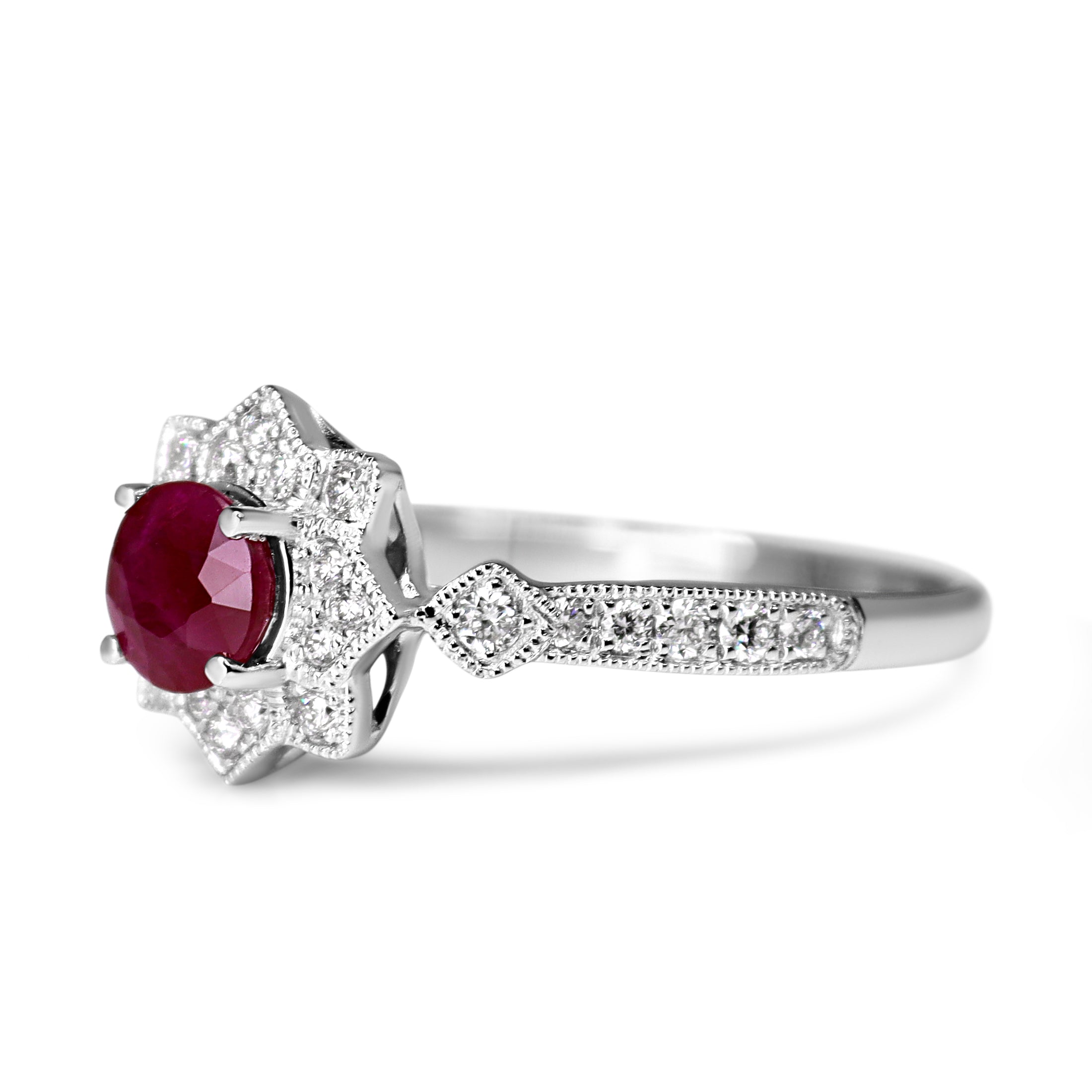 9ct White Gold Ruby and Diamond Art Deco Style Halo Ring