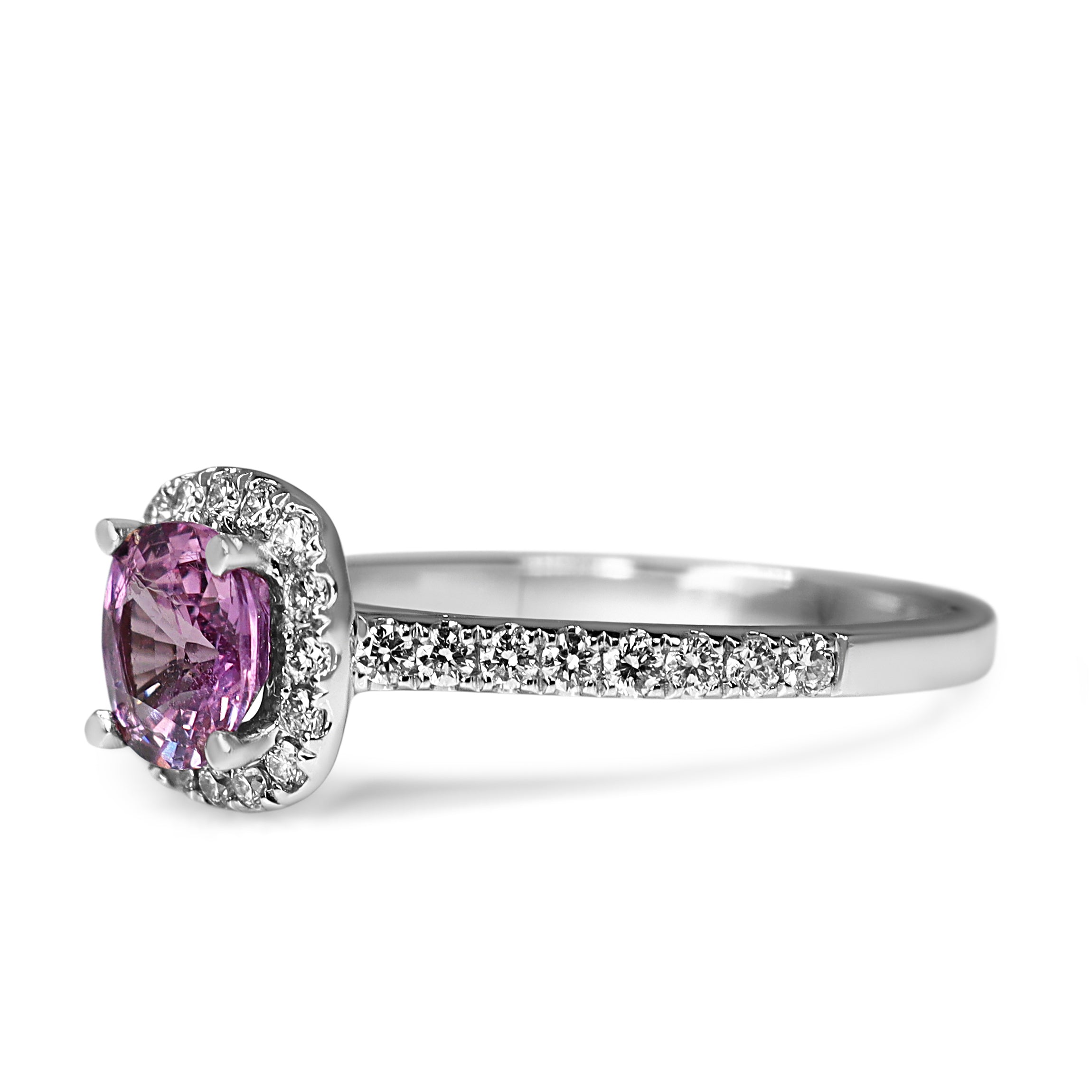 18ct White Gold Pink Sapphire and Diamond Halo Ring