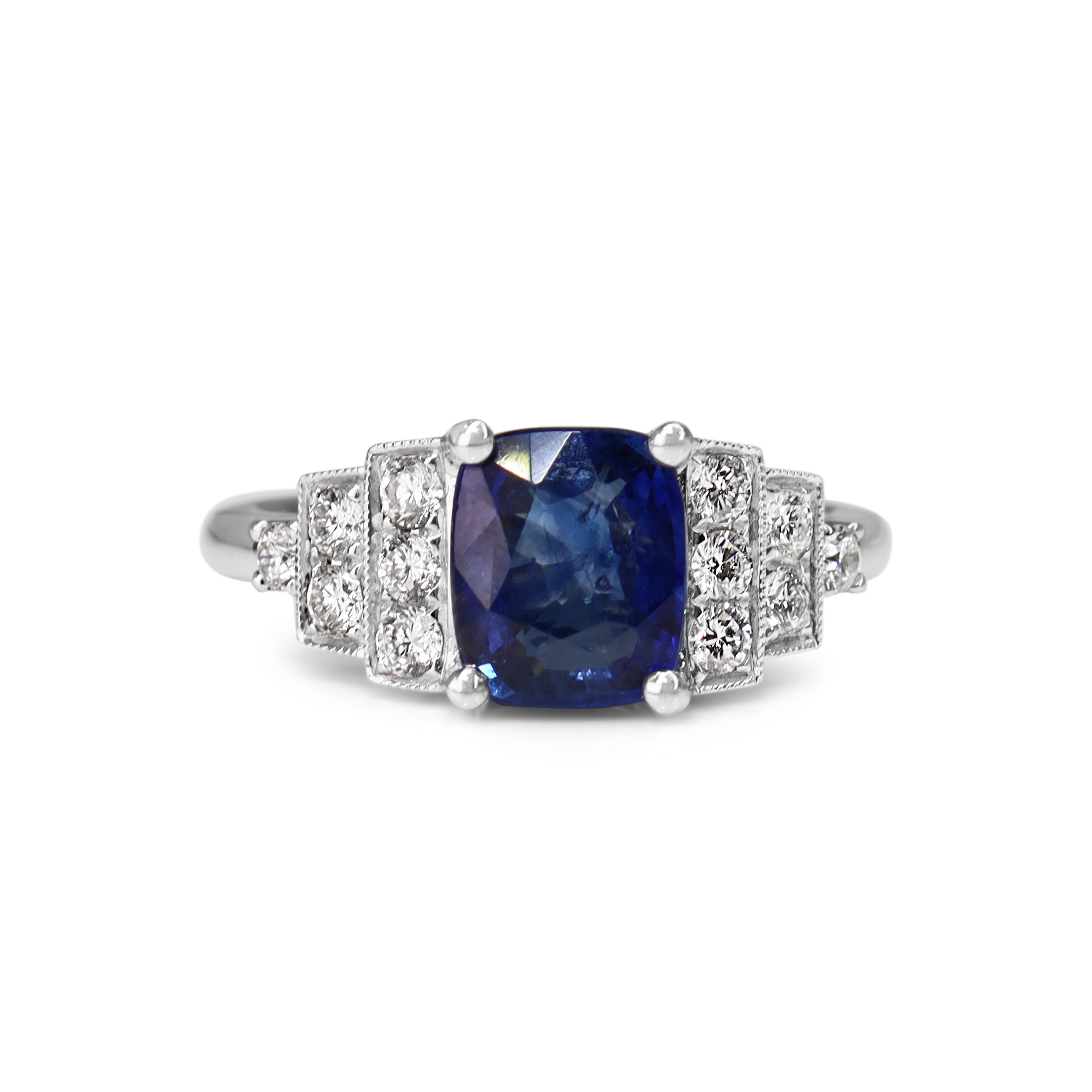 18ct White Gold Cushion Sapphire and Art Deco Style Stepped Down Diamond Ring