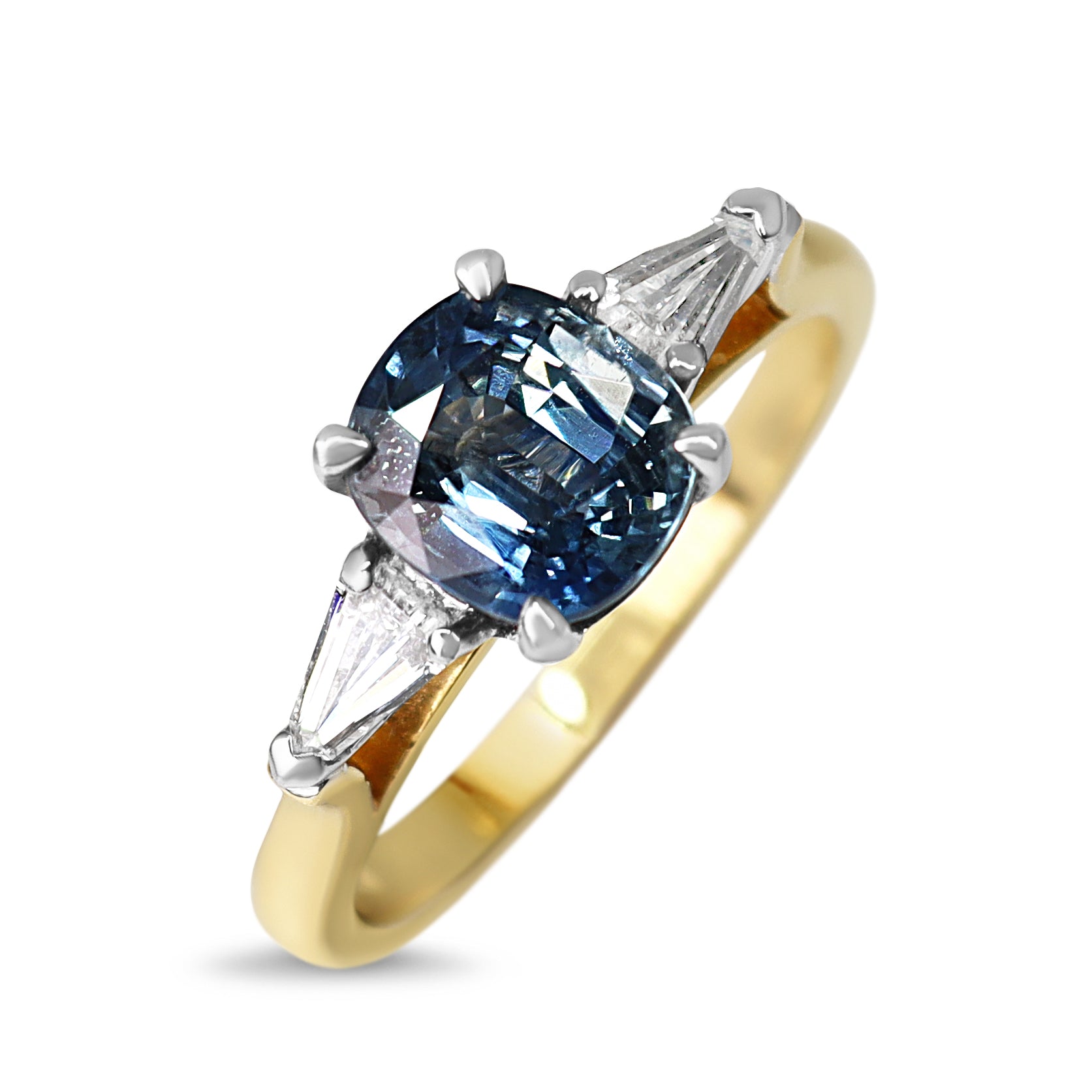 18ct Yellow and White Gold Cushion Sapphire and Diamond 3 Stone Ring