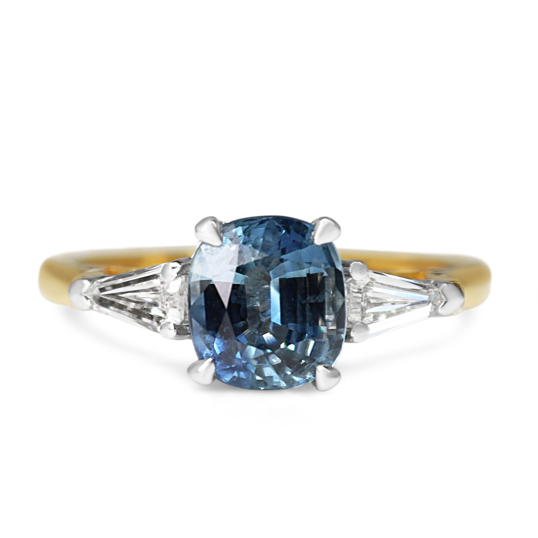 18ct Yellow and White Gold Cushion Sapphire and Diamond 3 Stone Ring