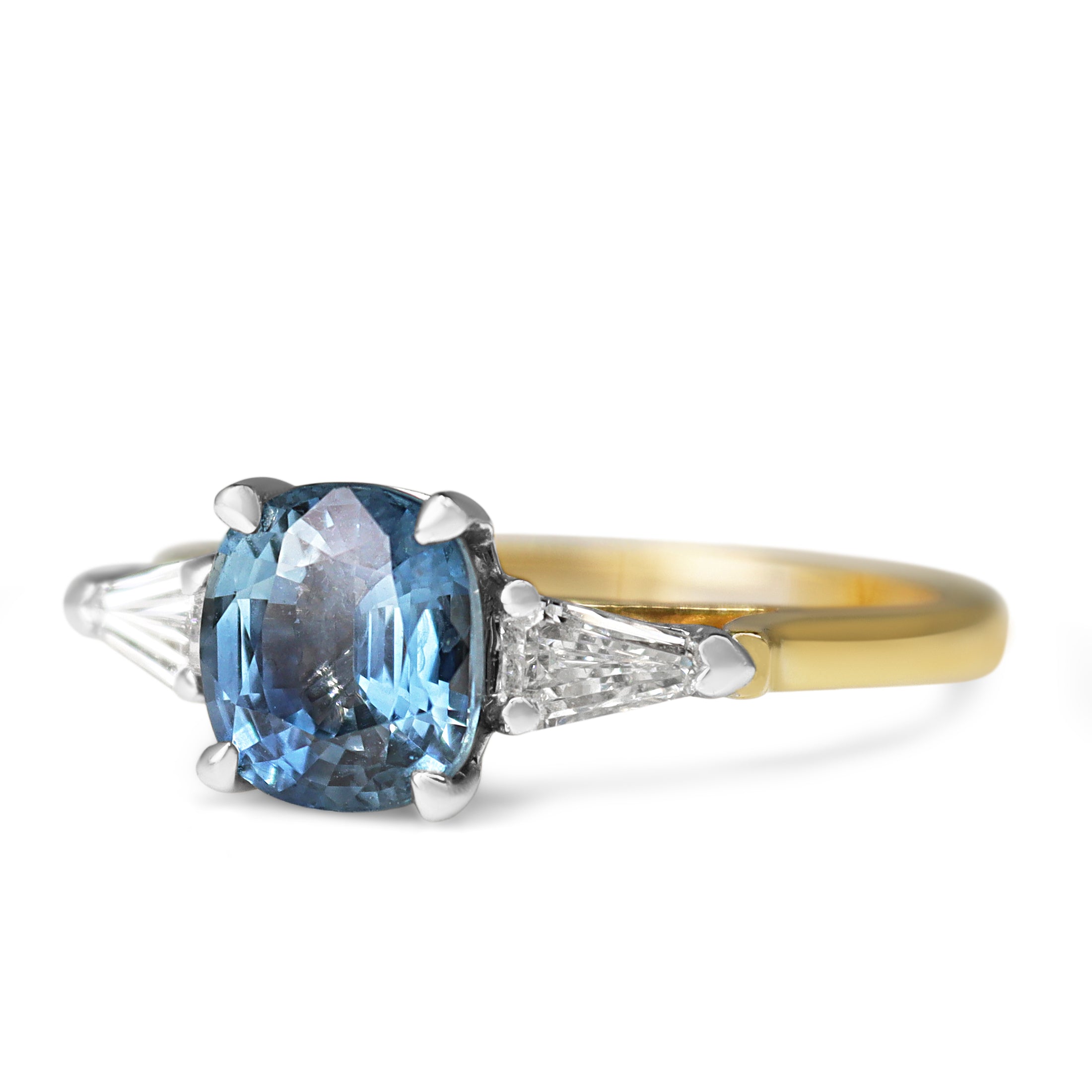 18ct Yellow and White Gold Cushion Sapphire and Diamond 3 Stone Ring