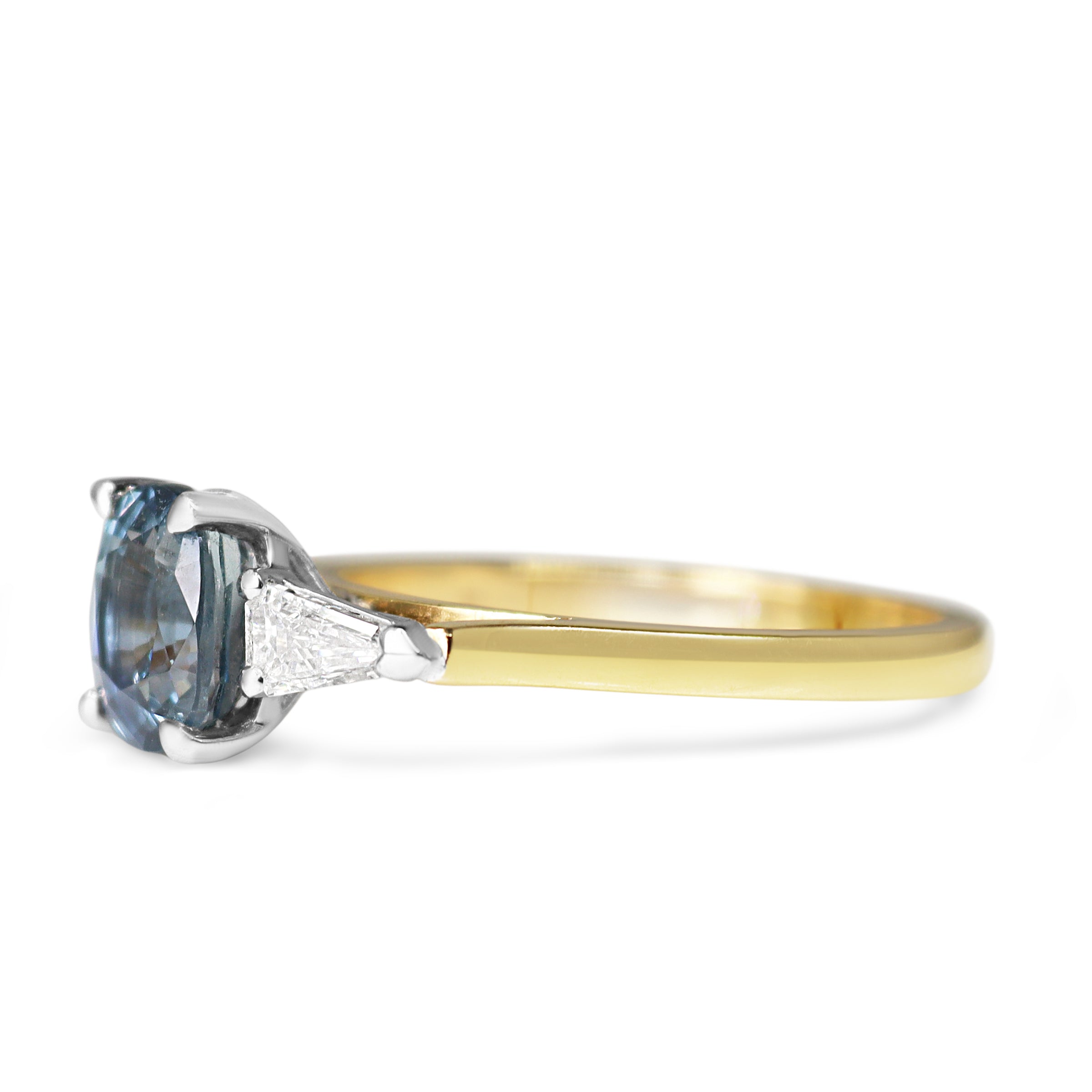 18ct Yellow and White Gold Cushion Sapphire and Diamond 3 Stone Ring