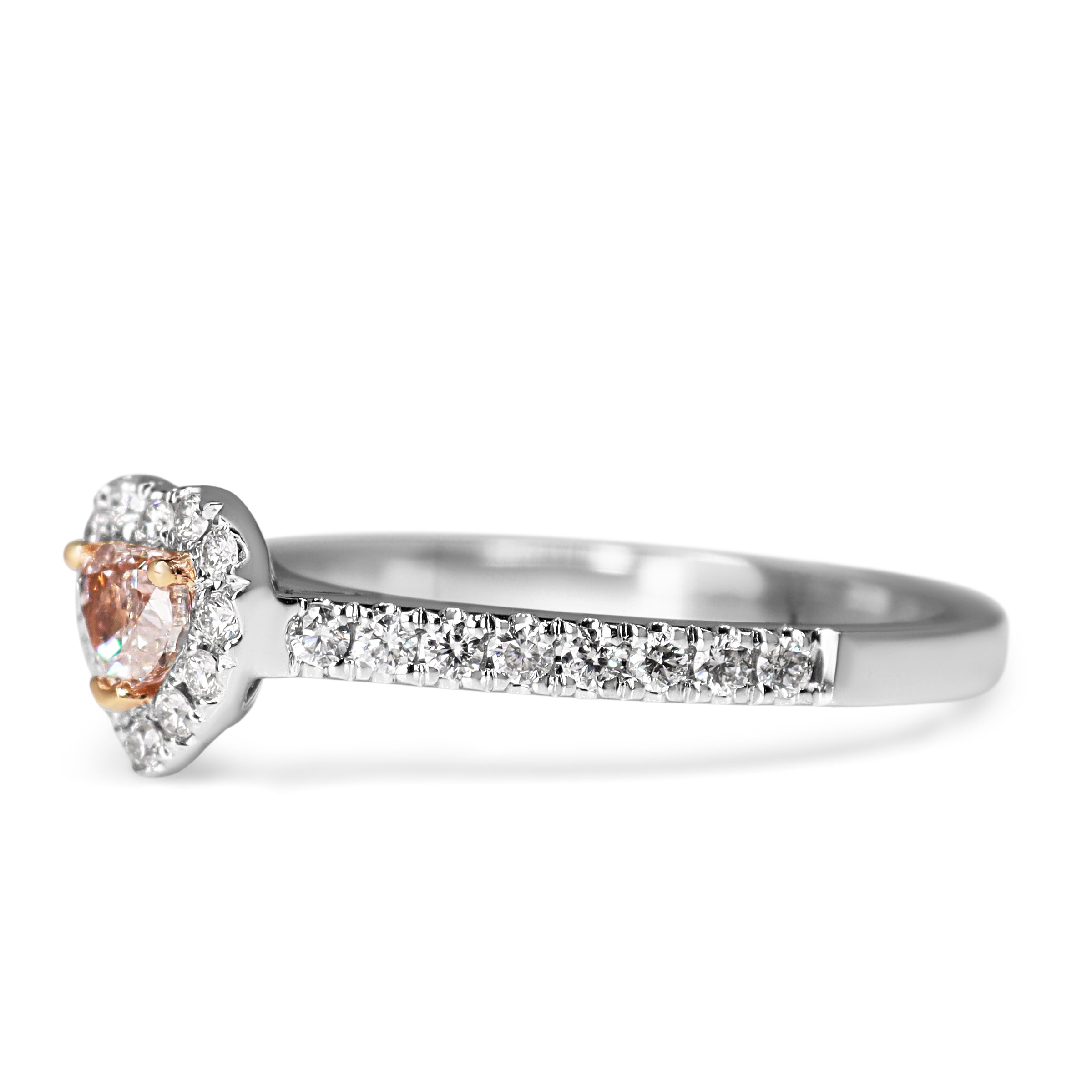 18ct White Gold Pink Diamond Heart Cut Halo Ring