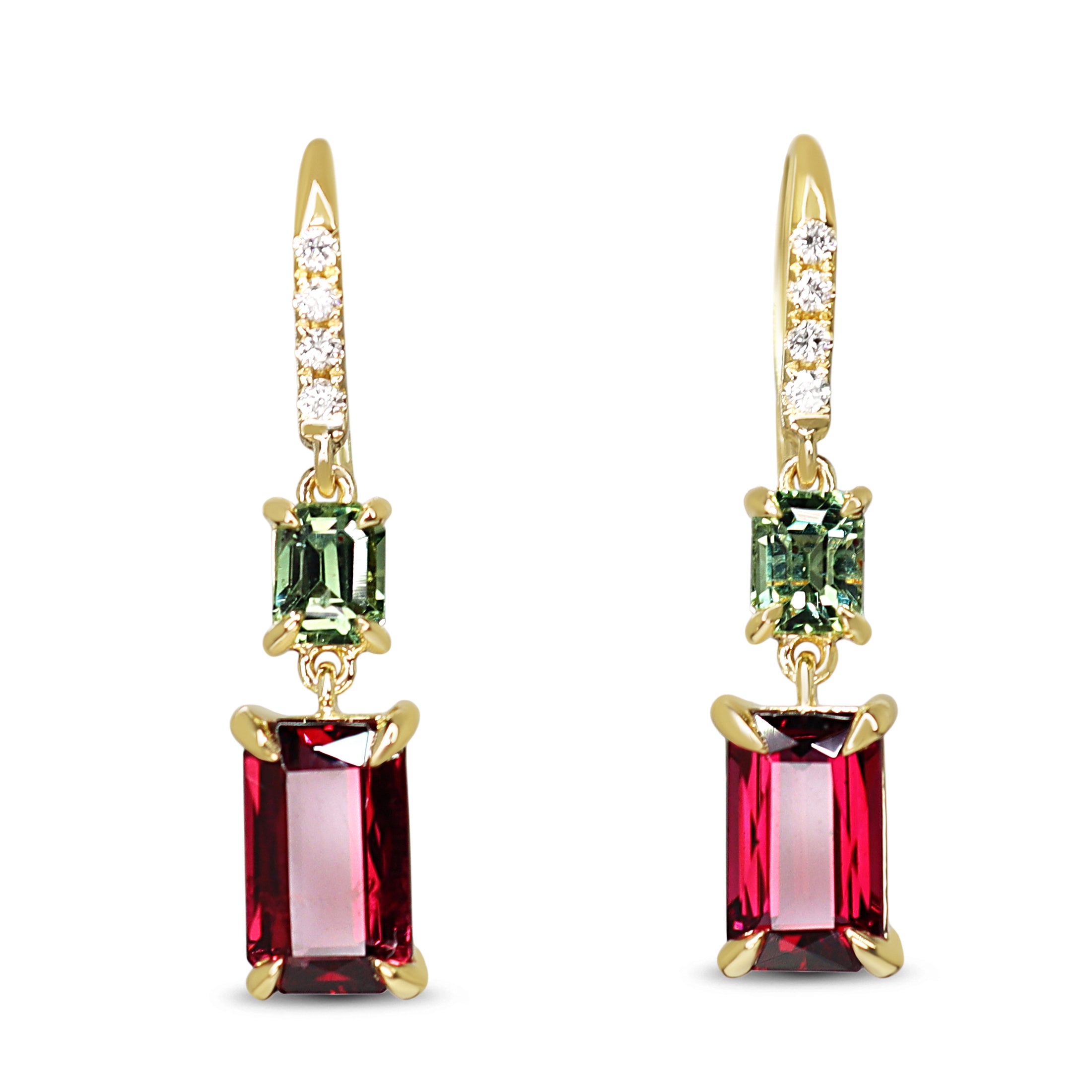 18ct Yellow Gold, Green Sapphire, Rhodolite Garnet and Diamond Drop Earrings