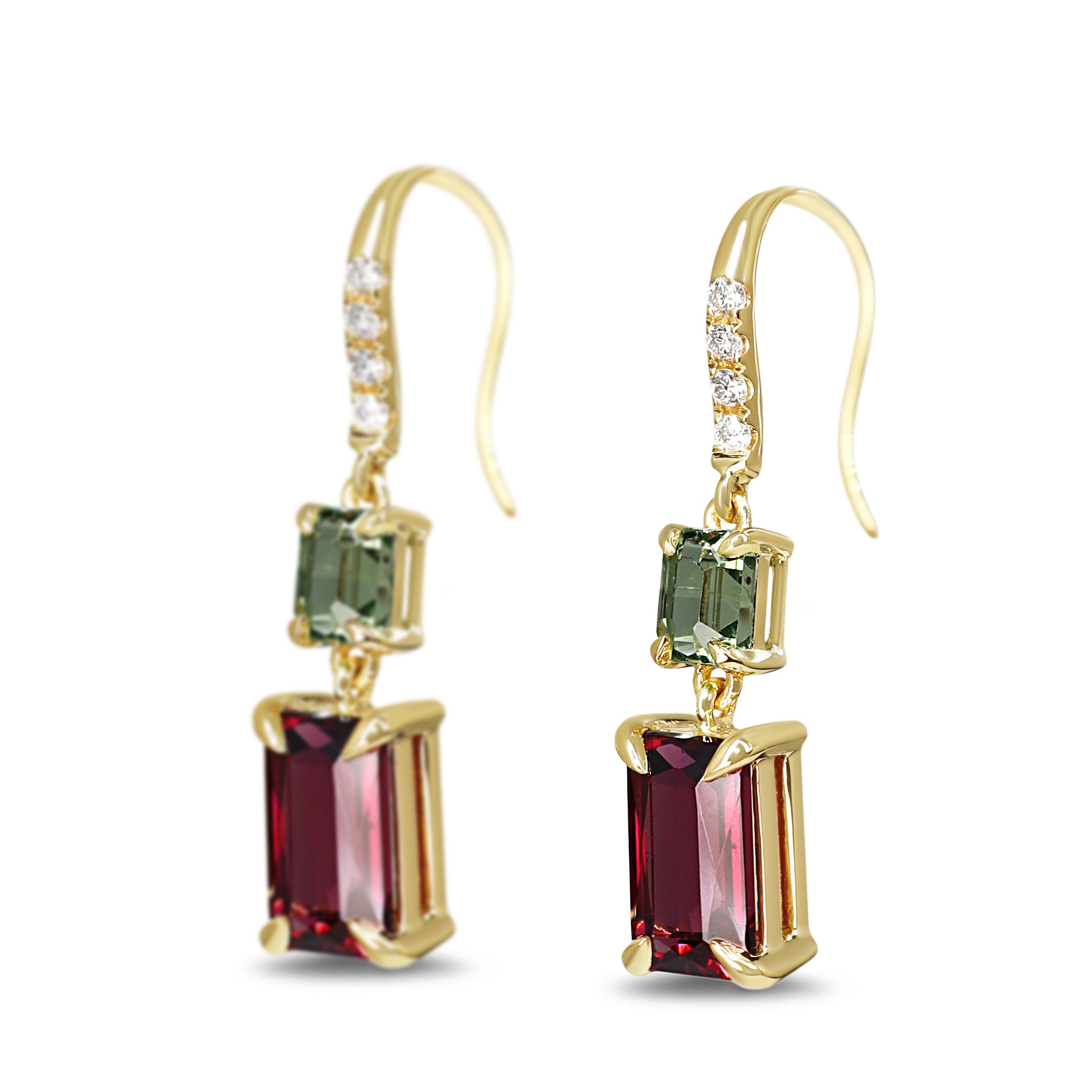 18ct Yellow Gold, Green Sapphire, Rhodolite Garnet and Diamond Drop Earrings