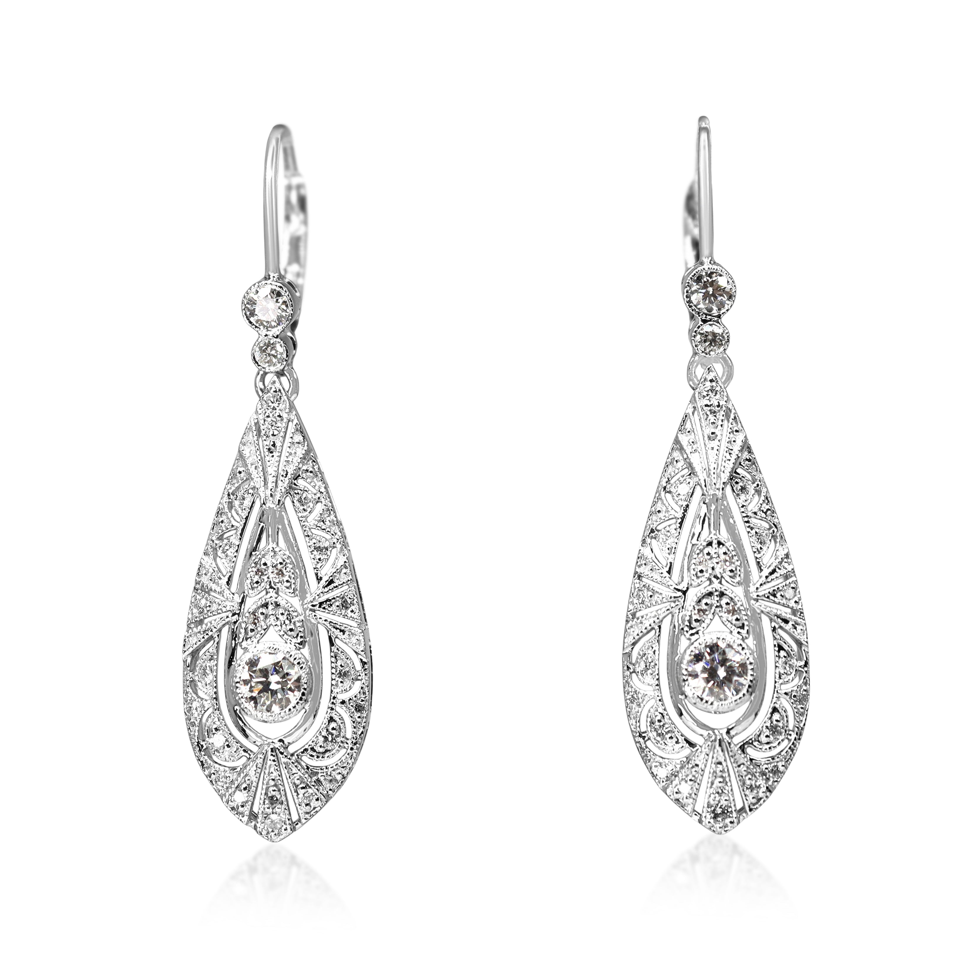 18ct White Gold Art Deco Style Diamond Drop Earrings