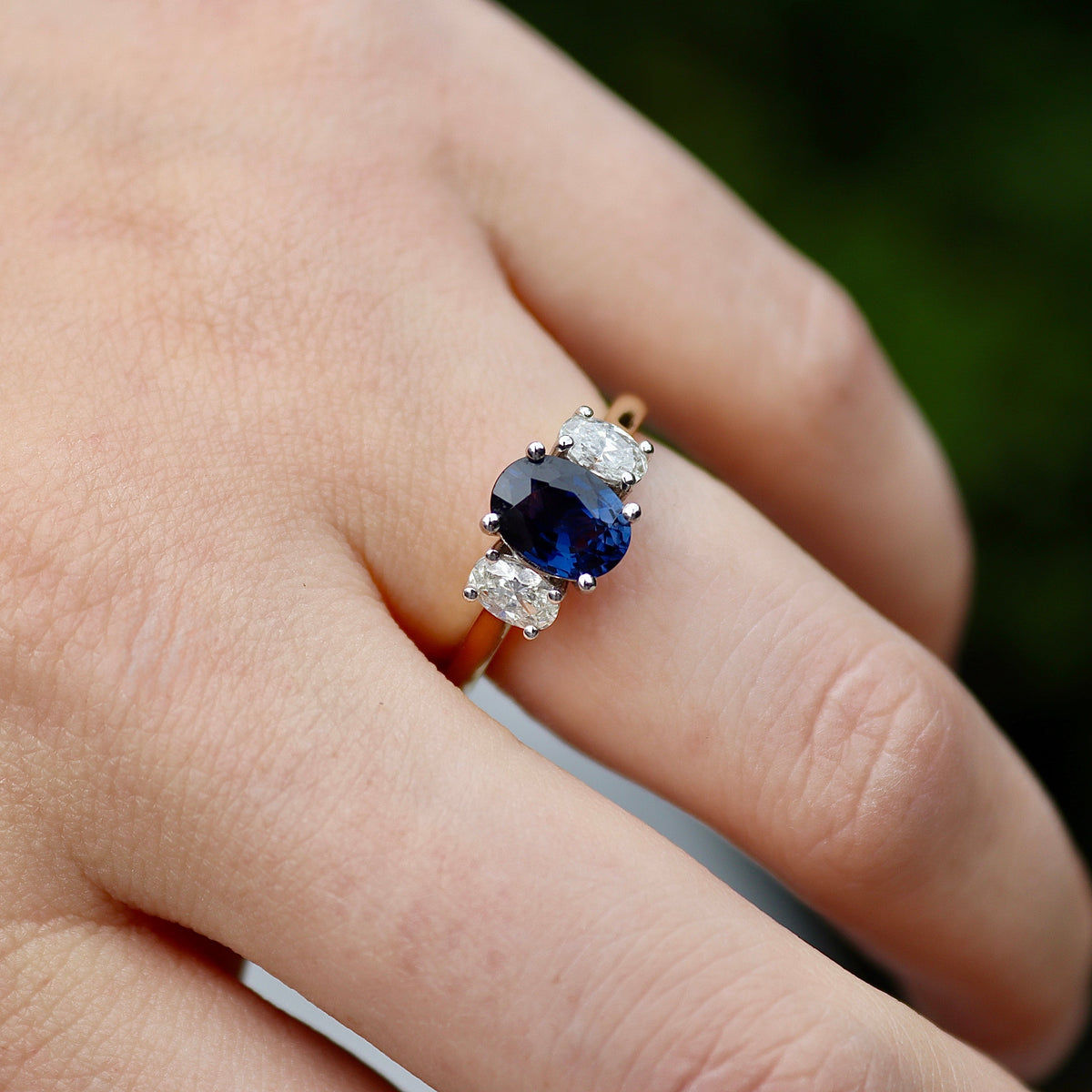 18ct Yellow and White Gold Oval Purple/Blue Sapphire and Diamond 3 Stone Ring