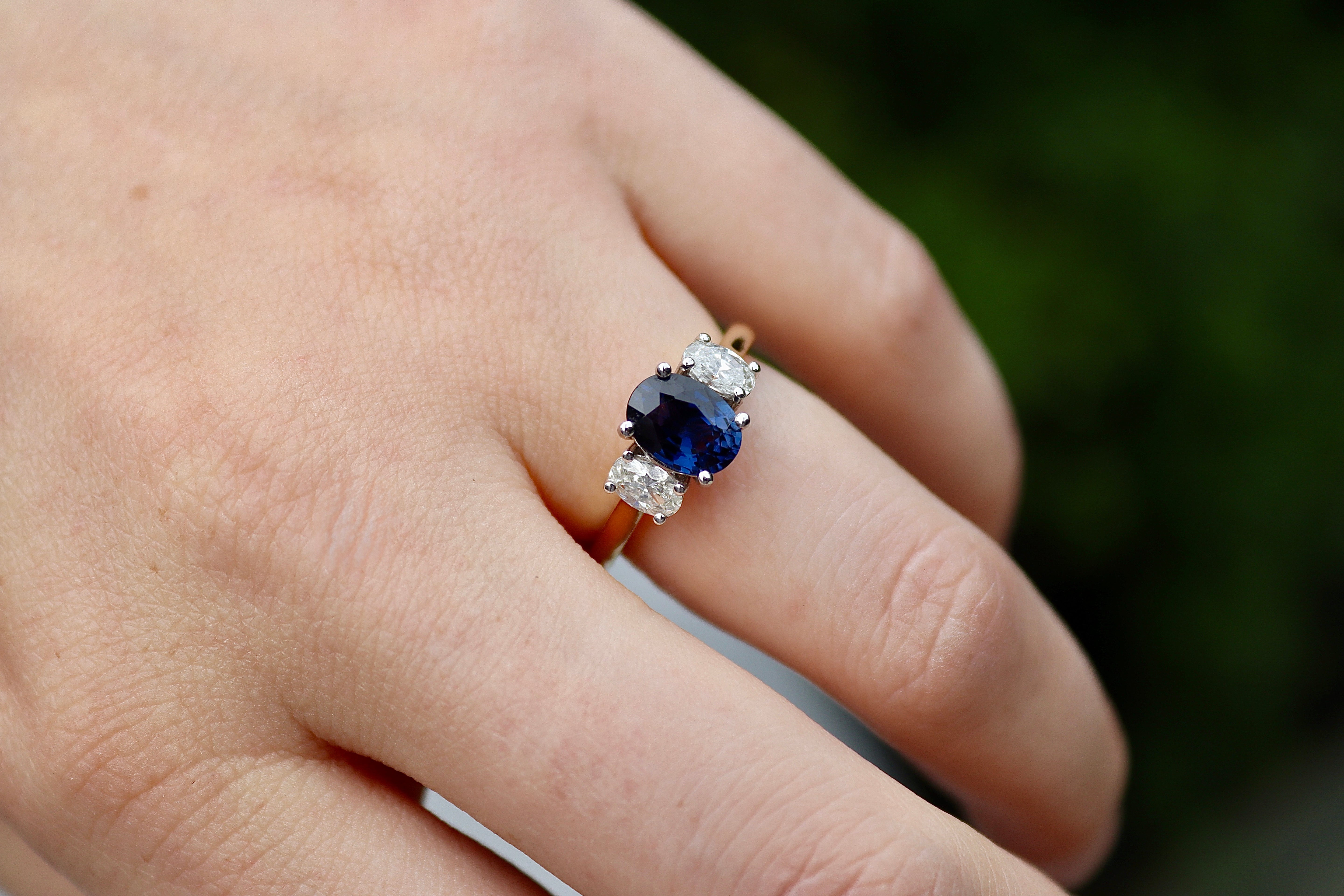 18ct Yellow and White Gold Oval Purple/Blue Sapphire and Diamond 3 Stone Ring