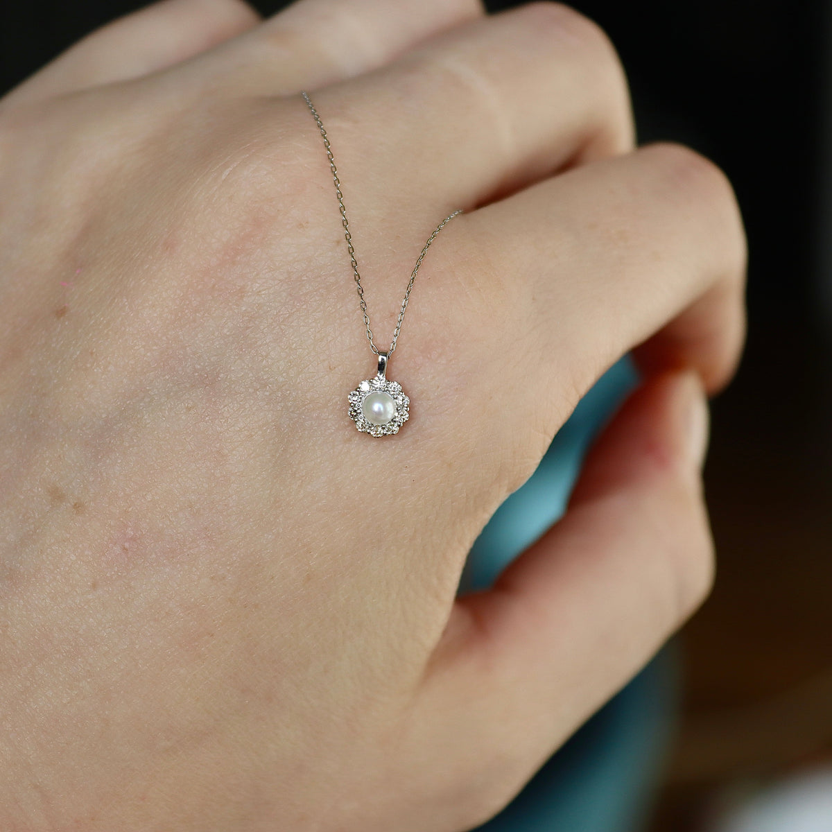 Platinum Diamond and Pearl Fine Halo Necklace
