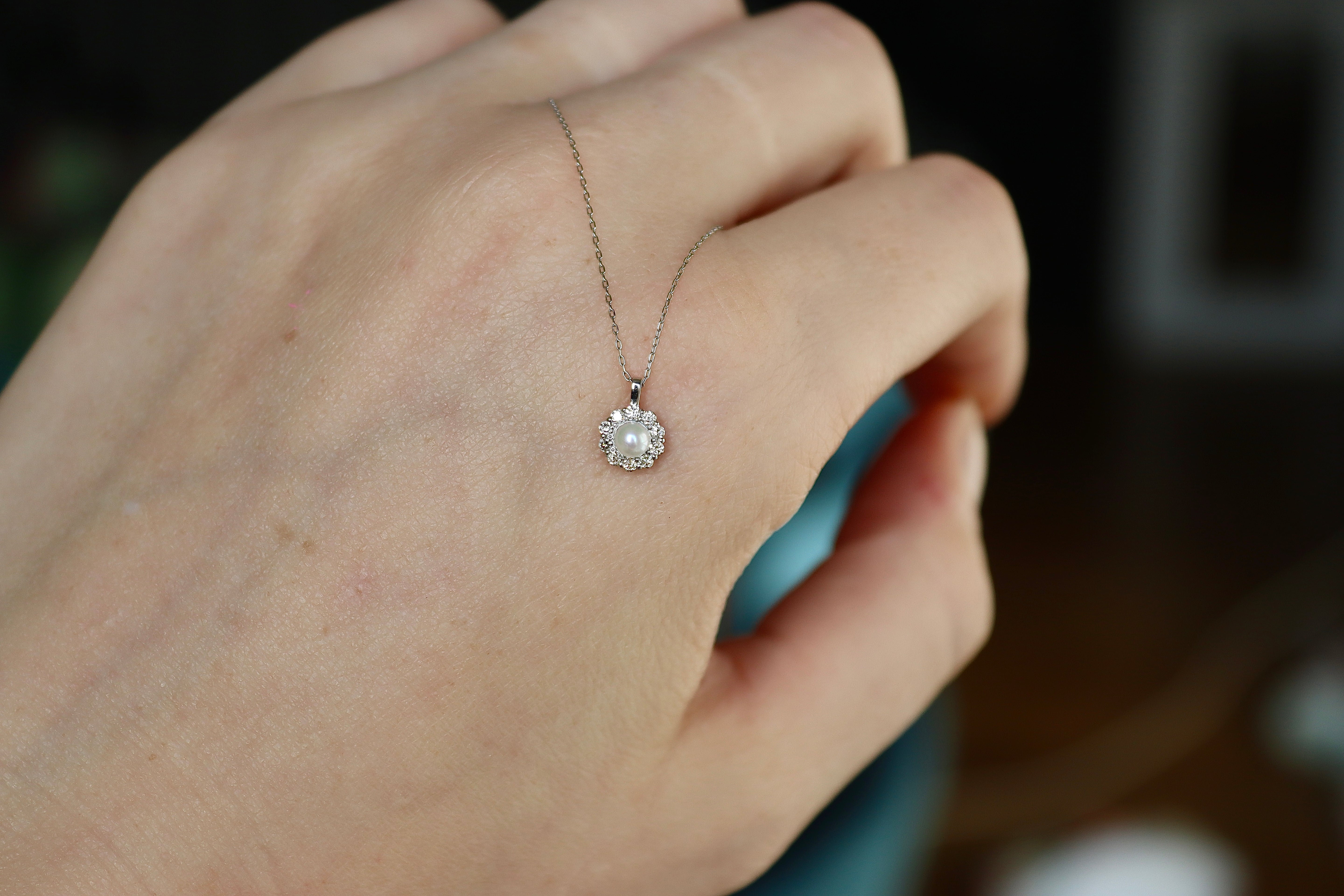 Platinum Diamond and Pearl Fine Halo Necklace