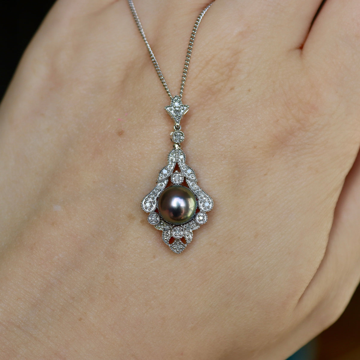 10ct White Gold 8mm Tahitian Pearl and Diamond Drop Necklace