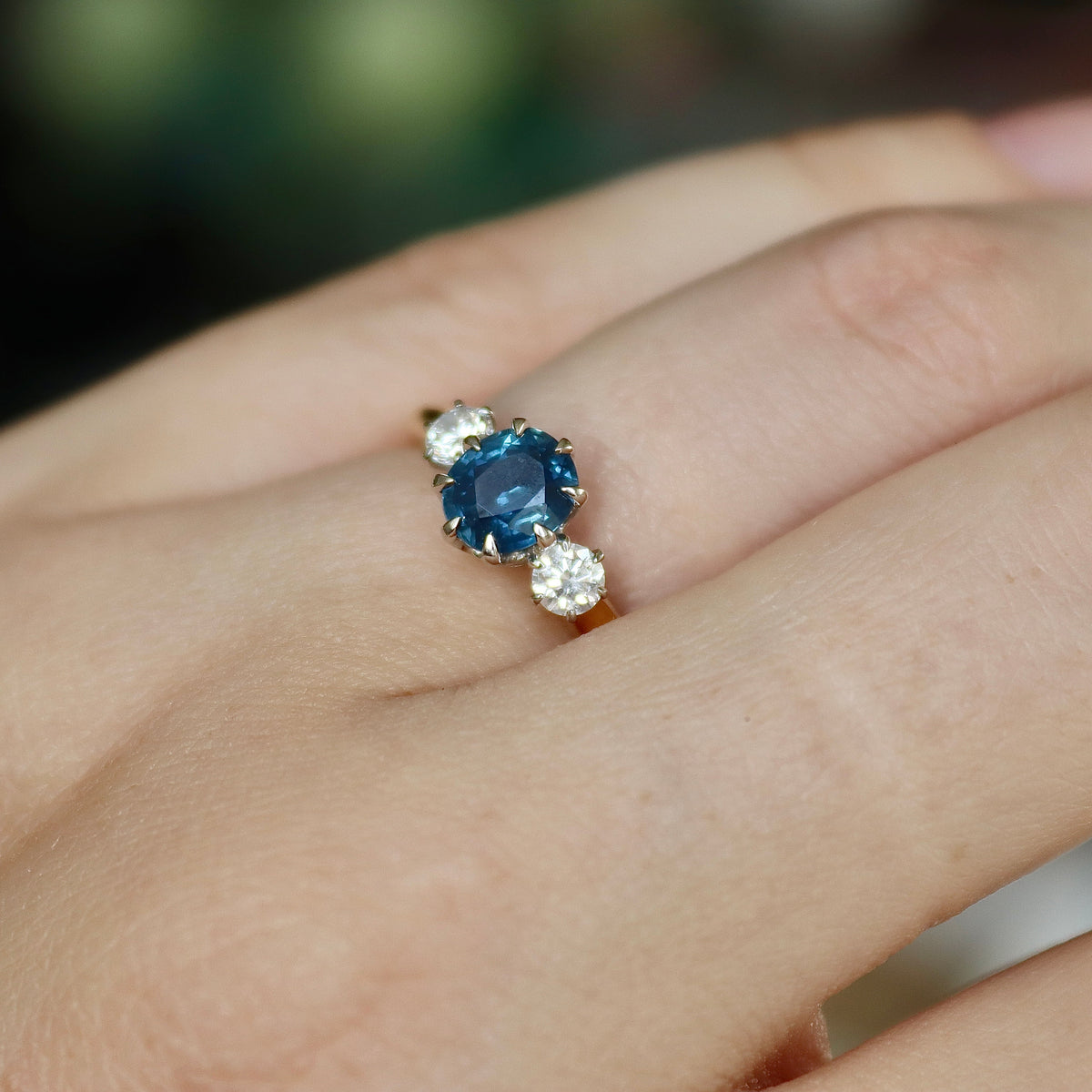 18ct Yellow and White Gold Antique Style Sapphire and Diamond 3 Stone Ring