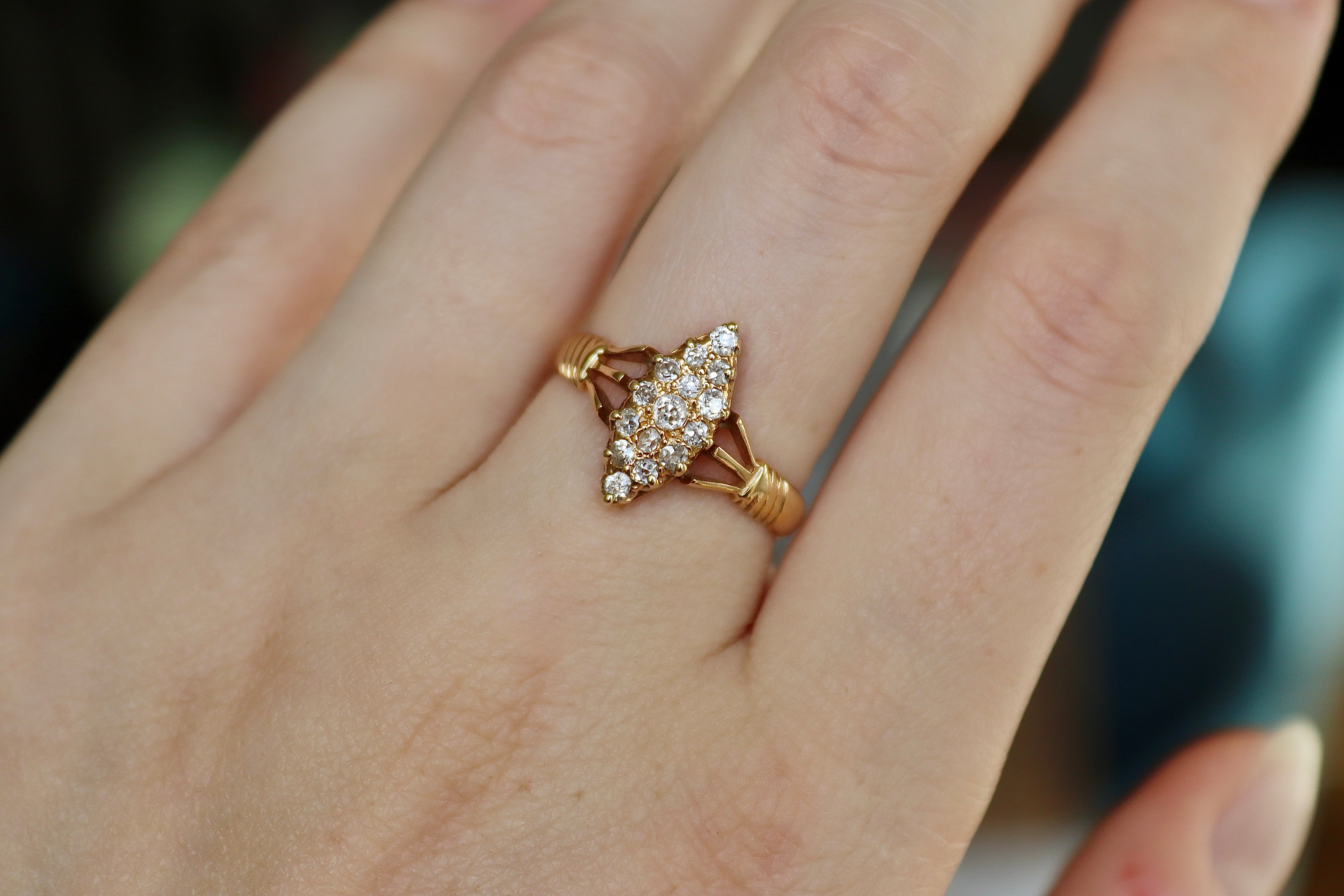 18ct Yellow Gold Antique Old Cut Marquise Cluster Diamond Ring