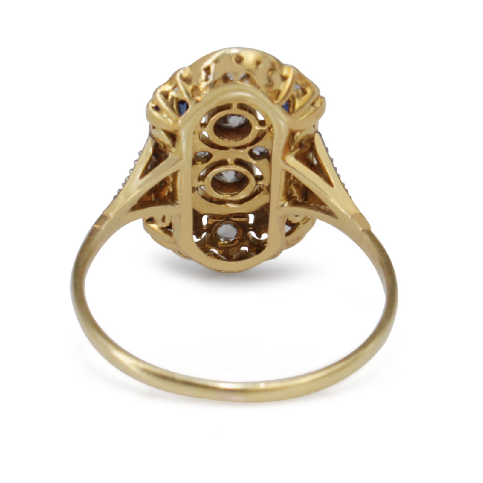 18ct Yellow and White Gold Art Deco Sapphire and Old Cut Diamond Ring