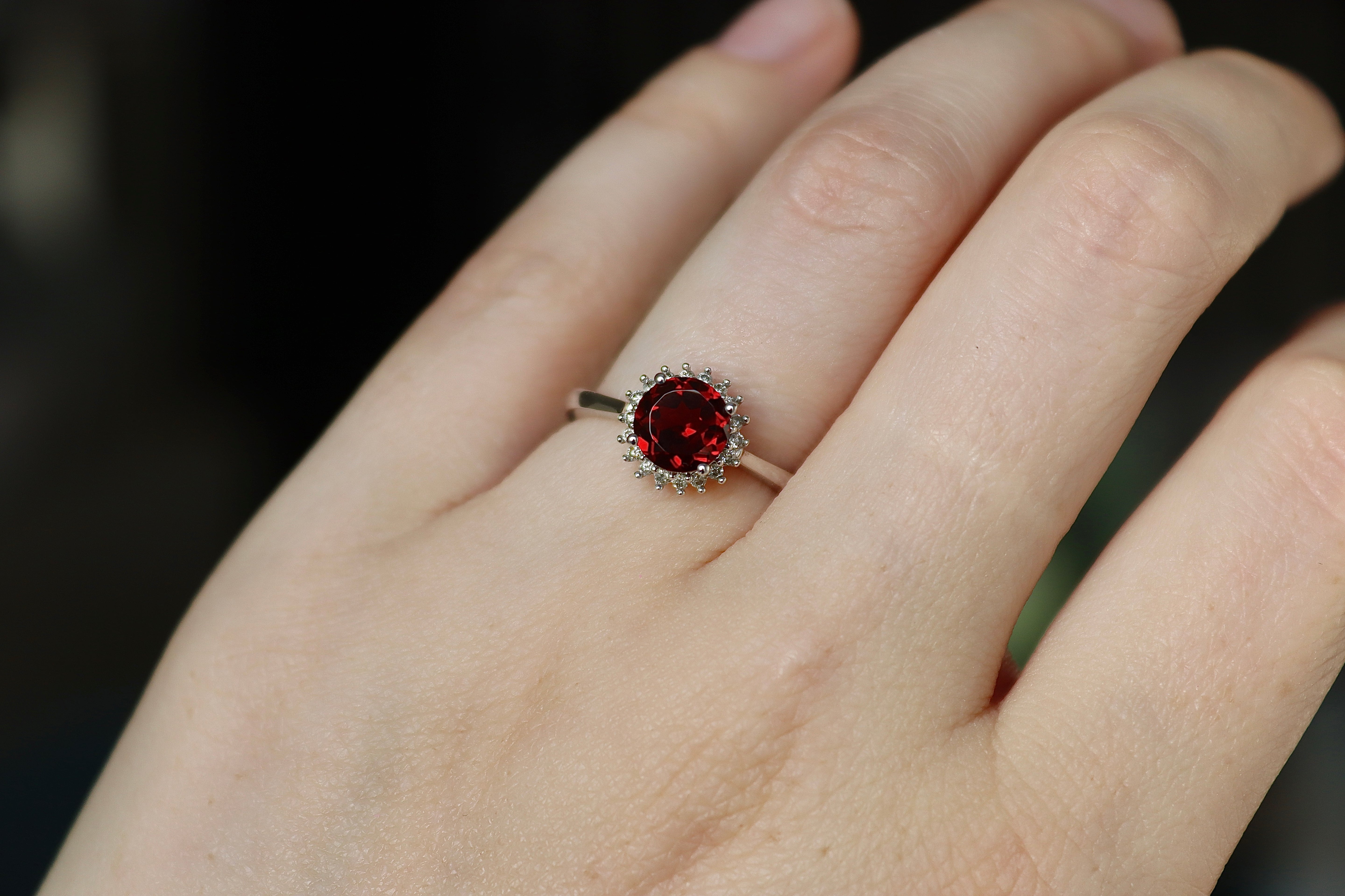 9ct White Gold Garnet and Diamond Halo Ring