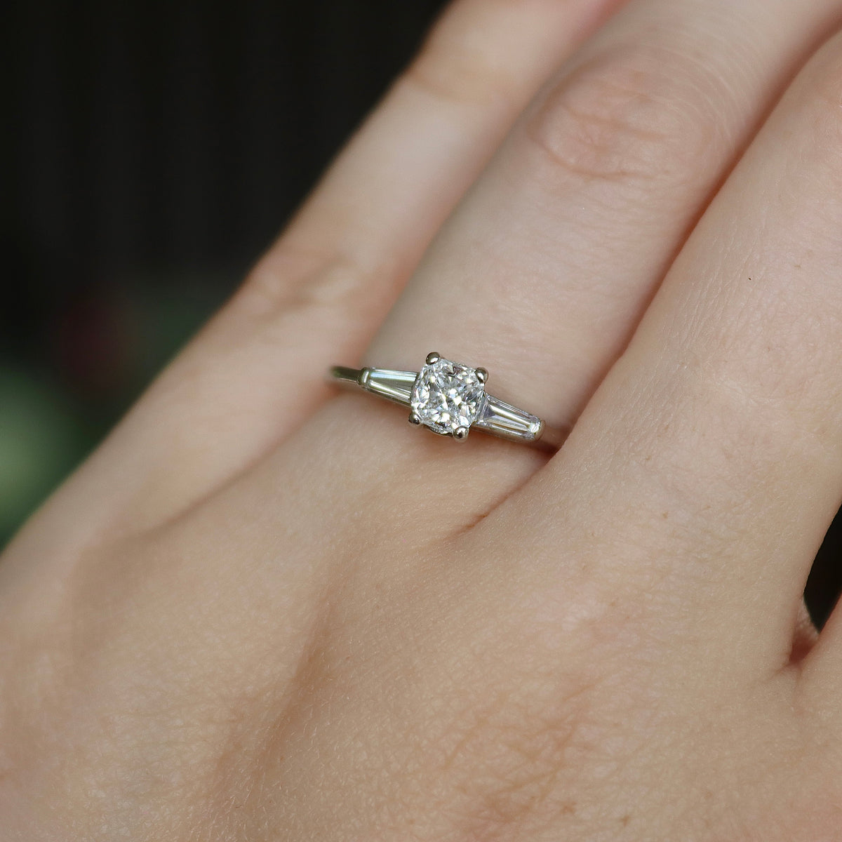 Platinum Cushion and Tapered Baguette Cut Diamond 3 Stone Ring