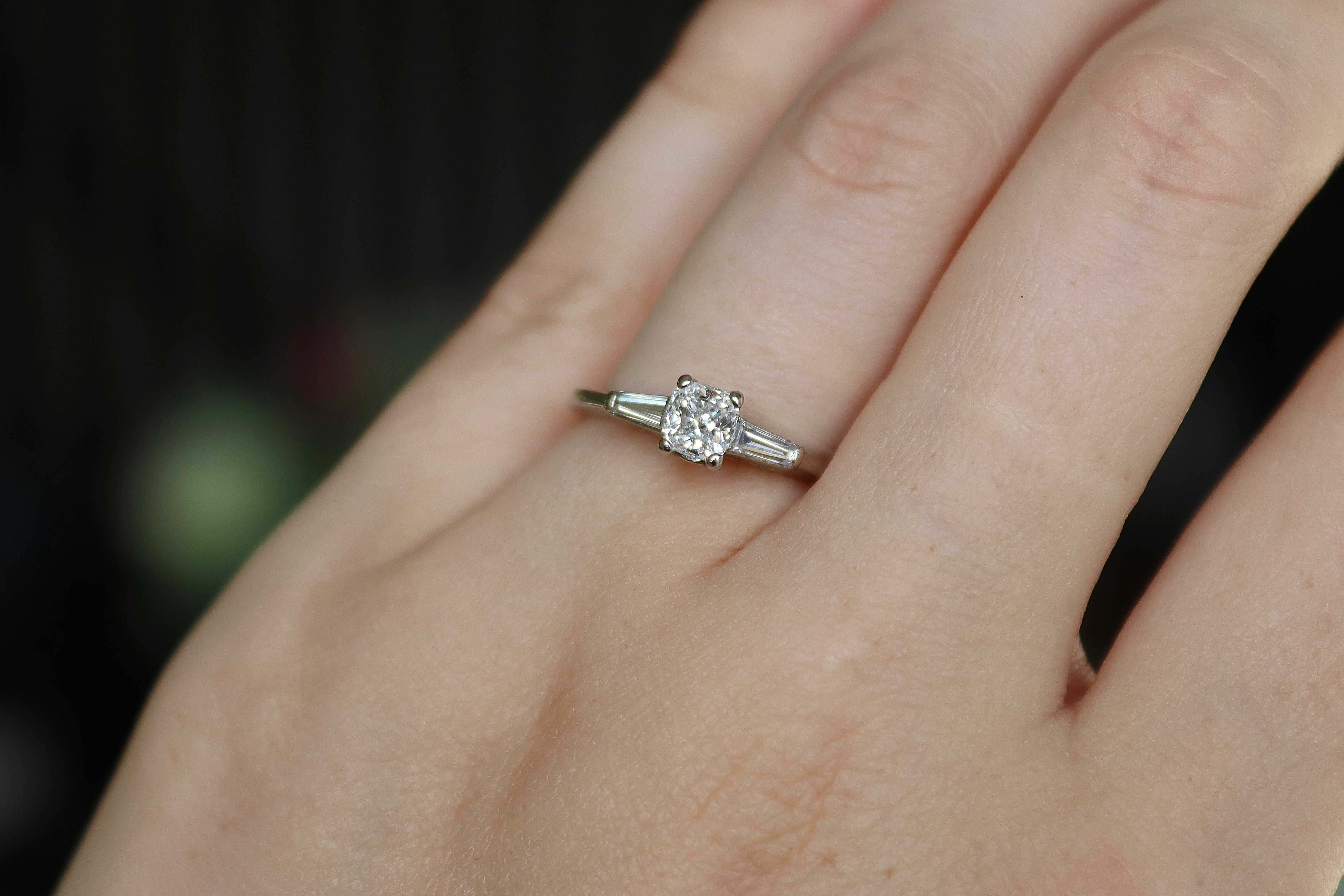 Platinum Cushion and Tapered Baguette Cut Diamond 3 Stone Ring