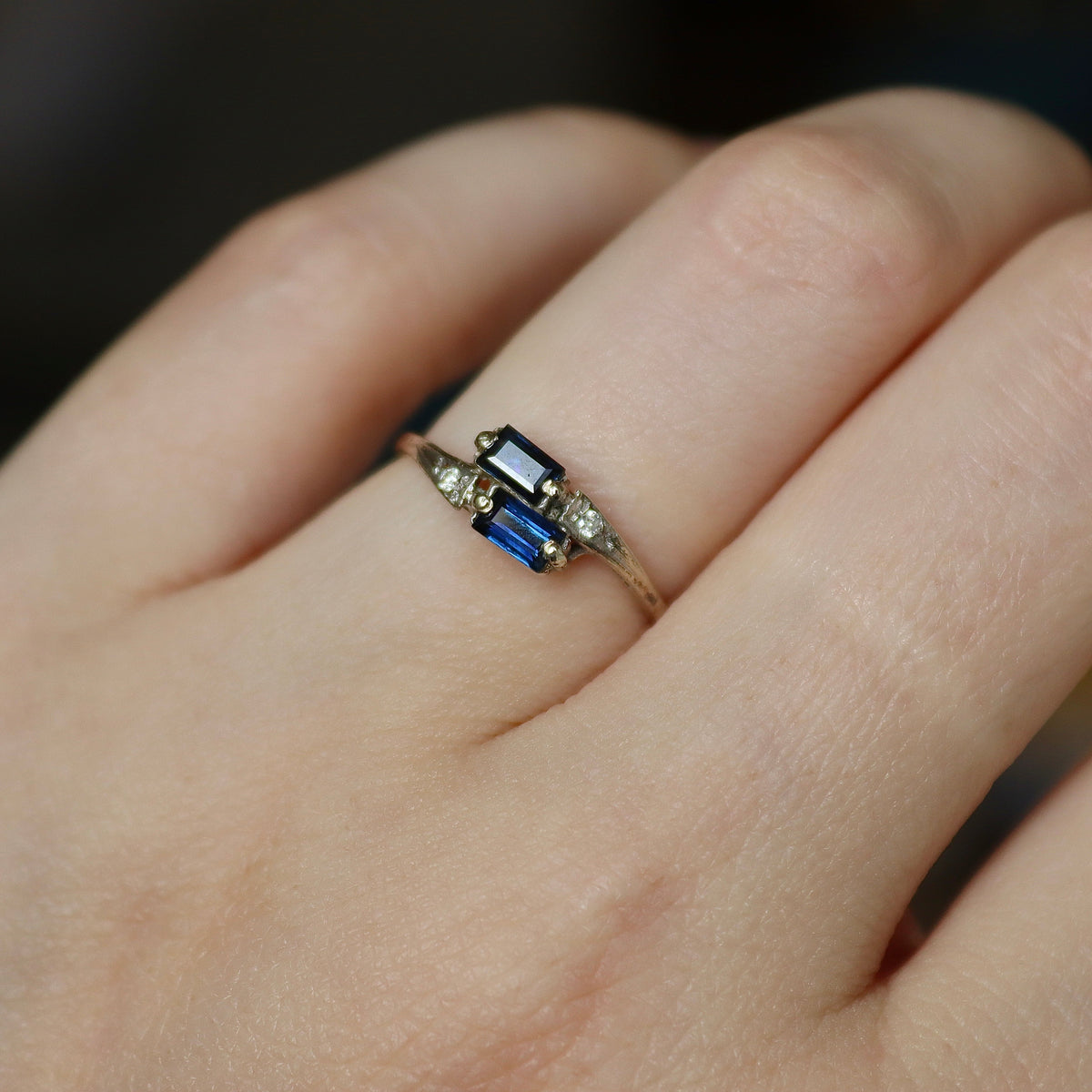 9ct White Gold Baguette Sapphire and Diamond Moi Et Toi Ring
