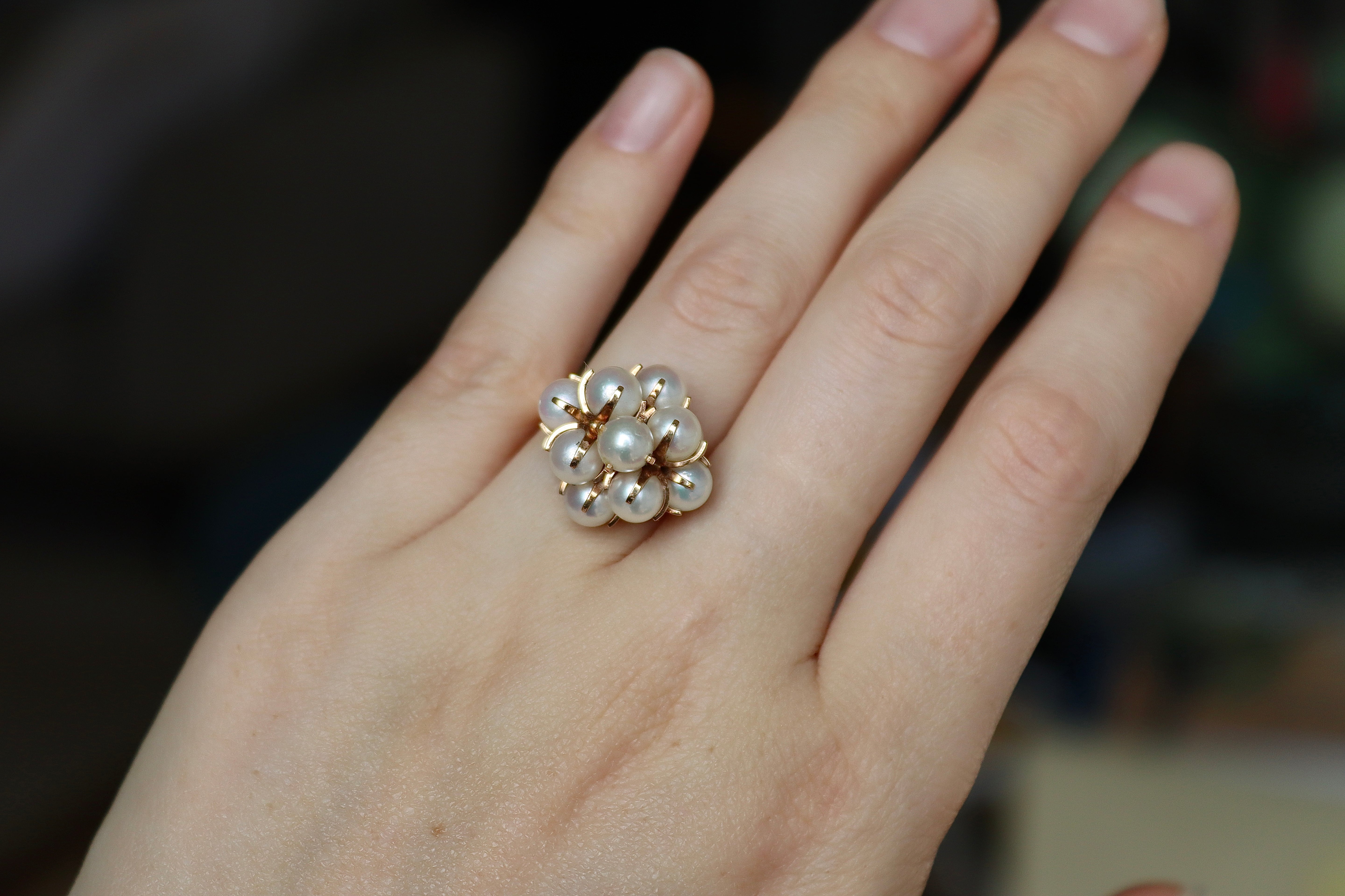 14ct Yellow Gold Cultured Pearl Cluster Cocktail Ring