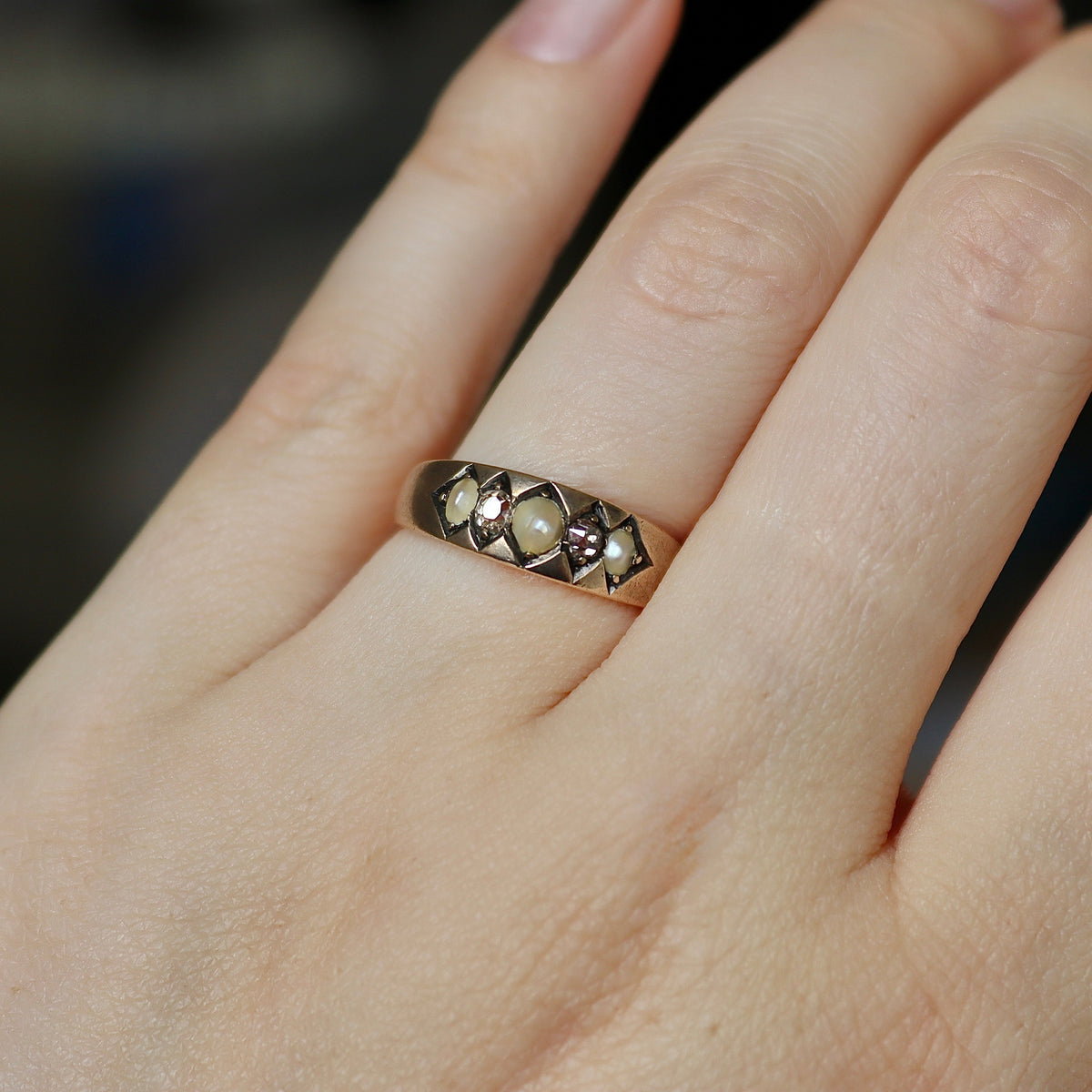 9ct Rose/Old Gold Real Pearl and Old Cut Champagne Diamond Ring
