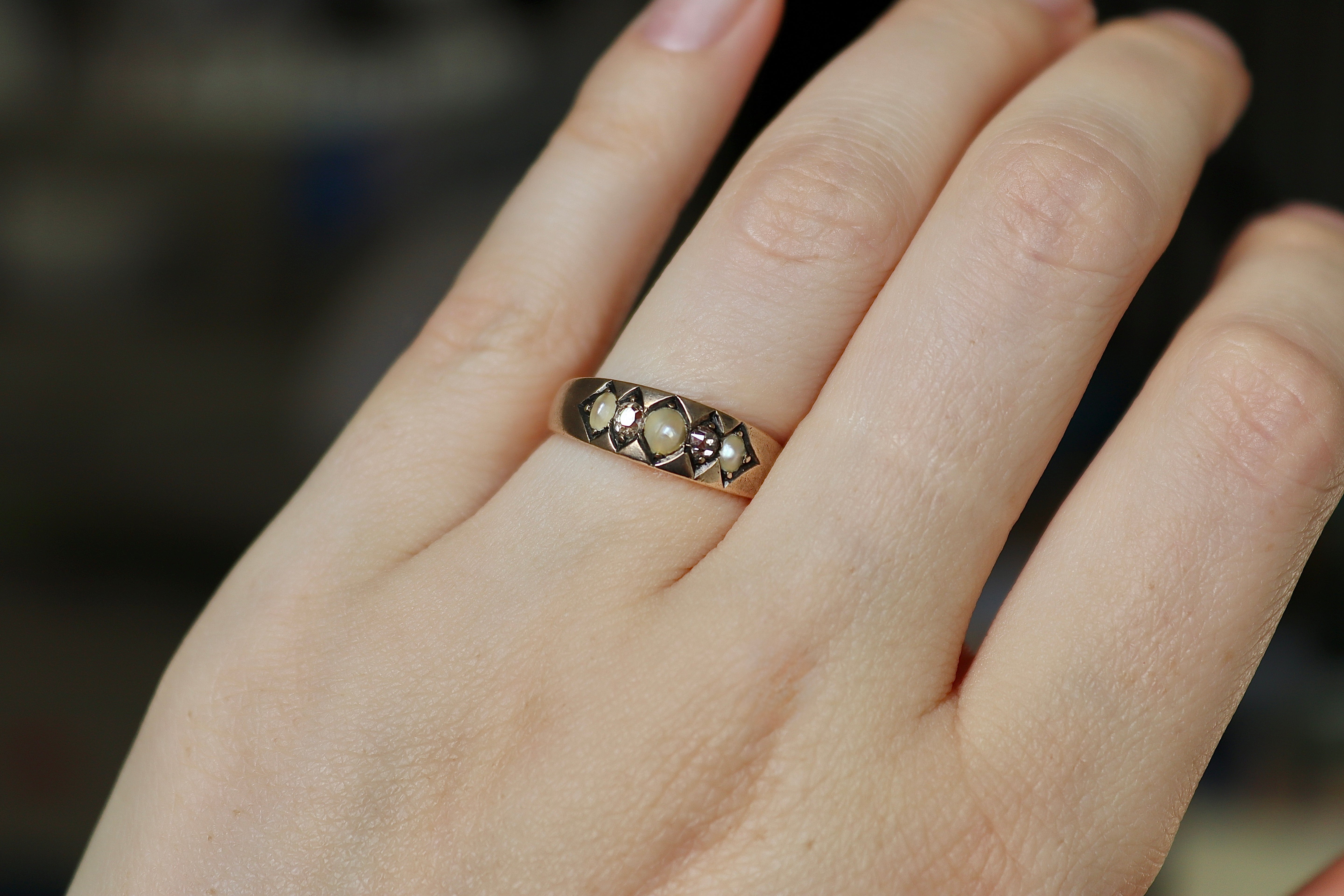 9ct Rose/Old Gold Real Pearl and Old Cut Champagne Diamond Ring