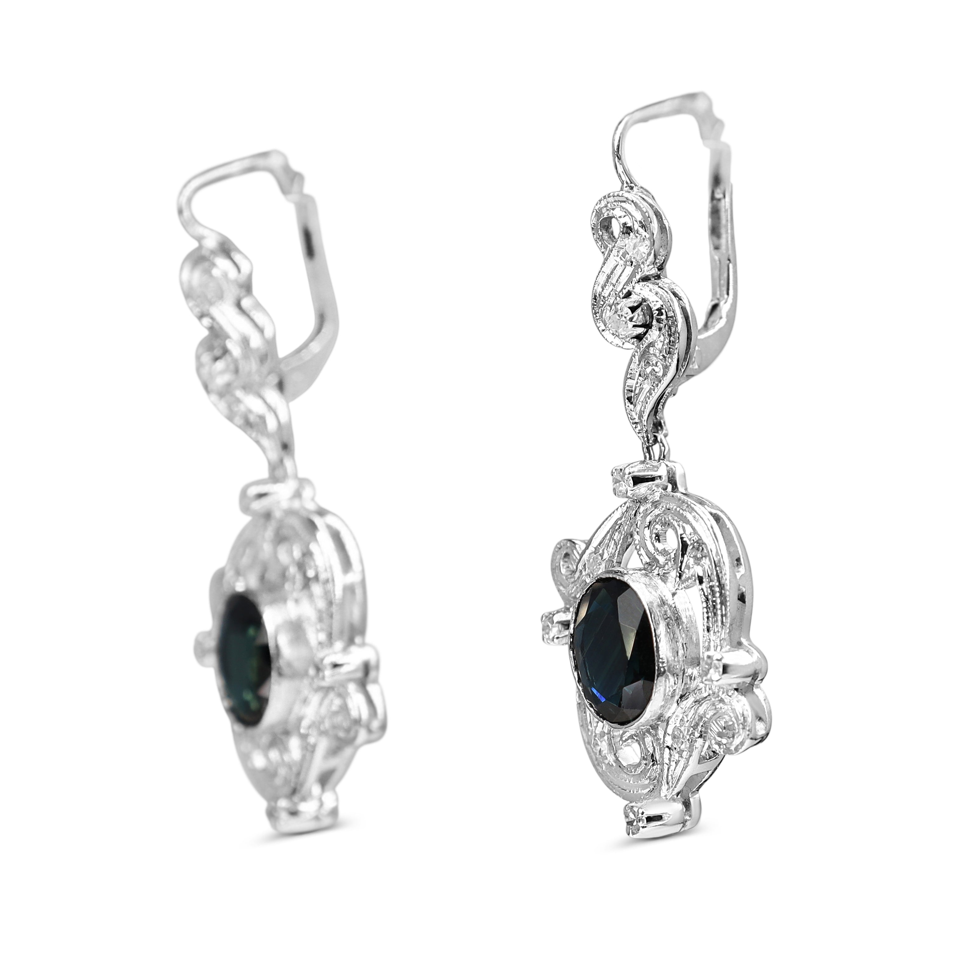 Palladium Sapphire and Single Cut Diamond Vintage Earrings