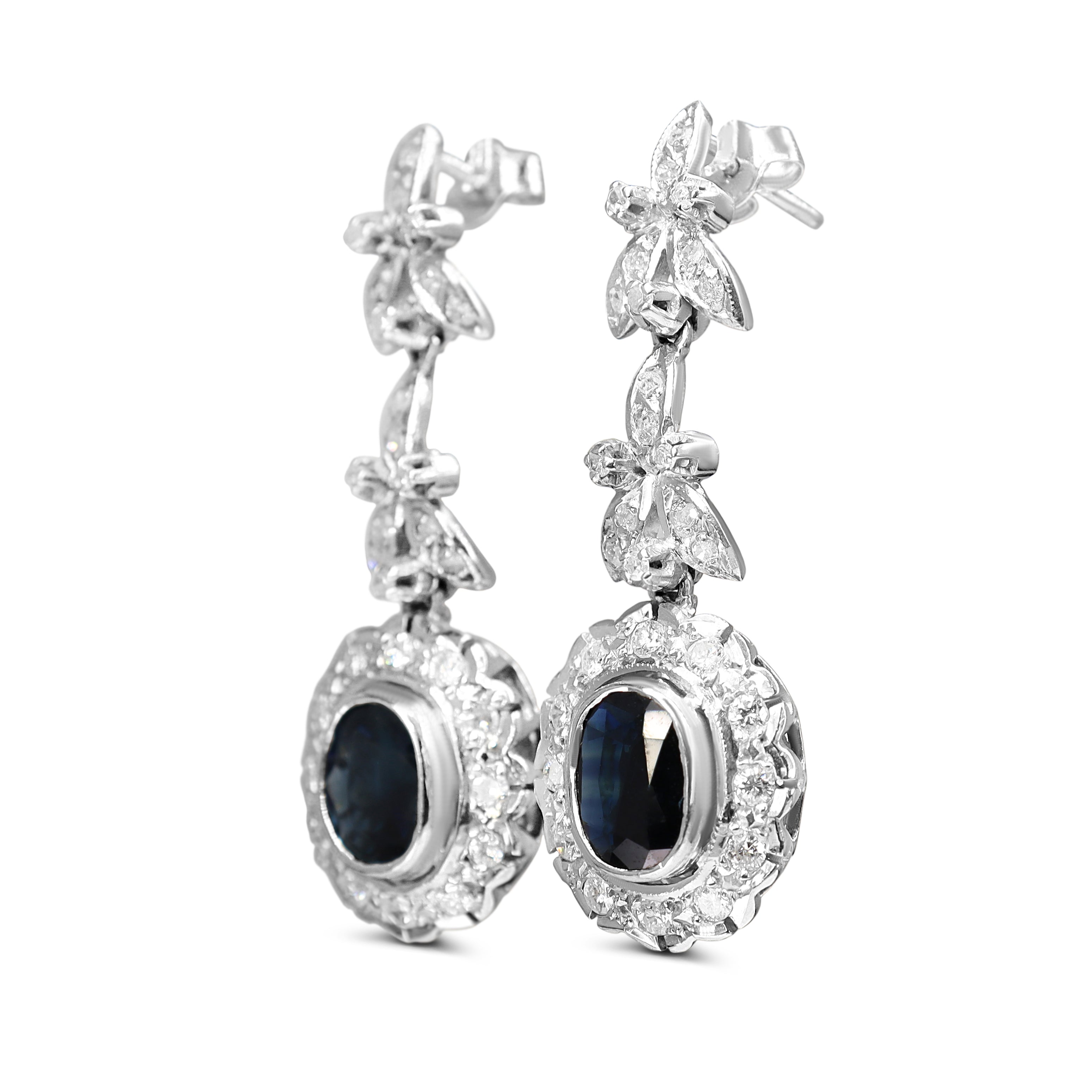 Palladium Sapphire and Single Cut Diamond Floral Drop Earrings