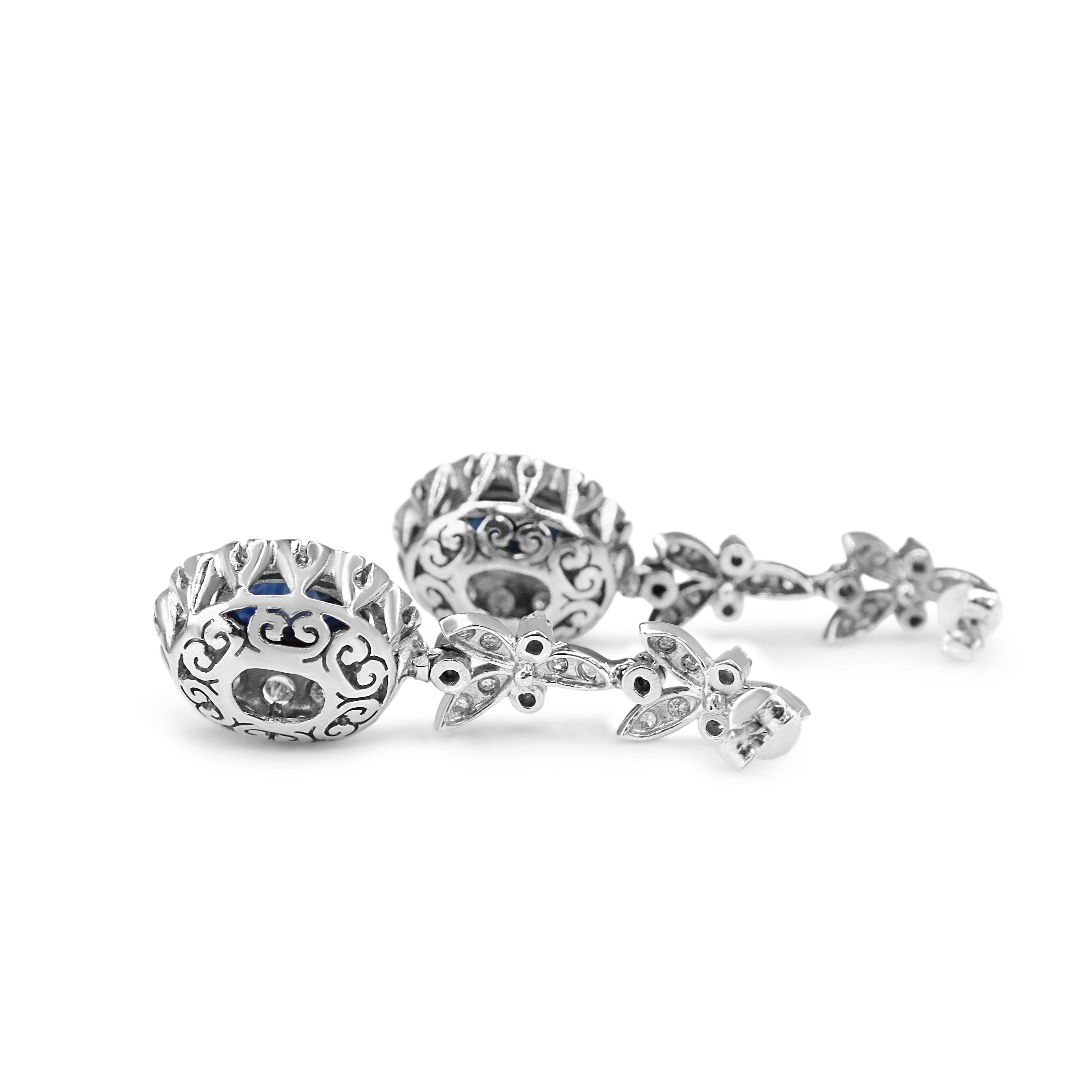 Palladium Sapphire and Single Cut Diamond Floral Drop Earrings