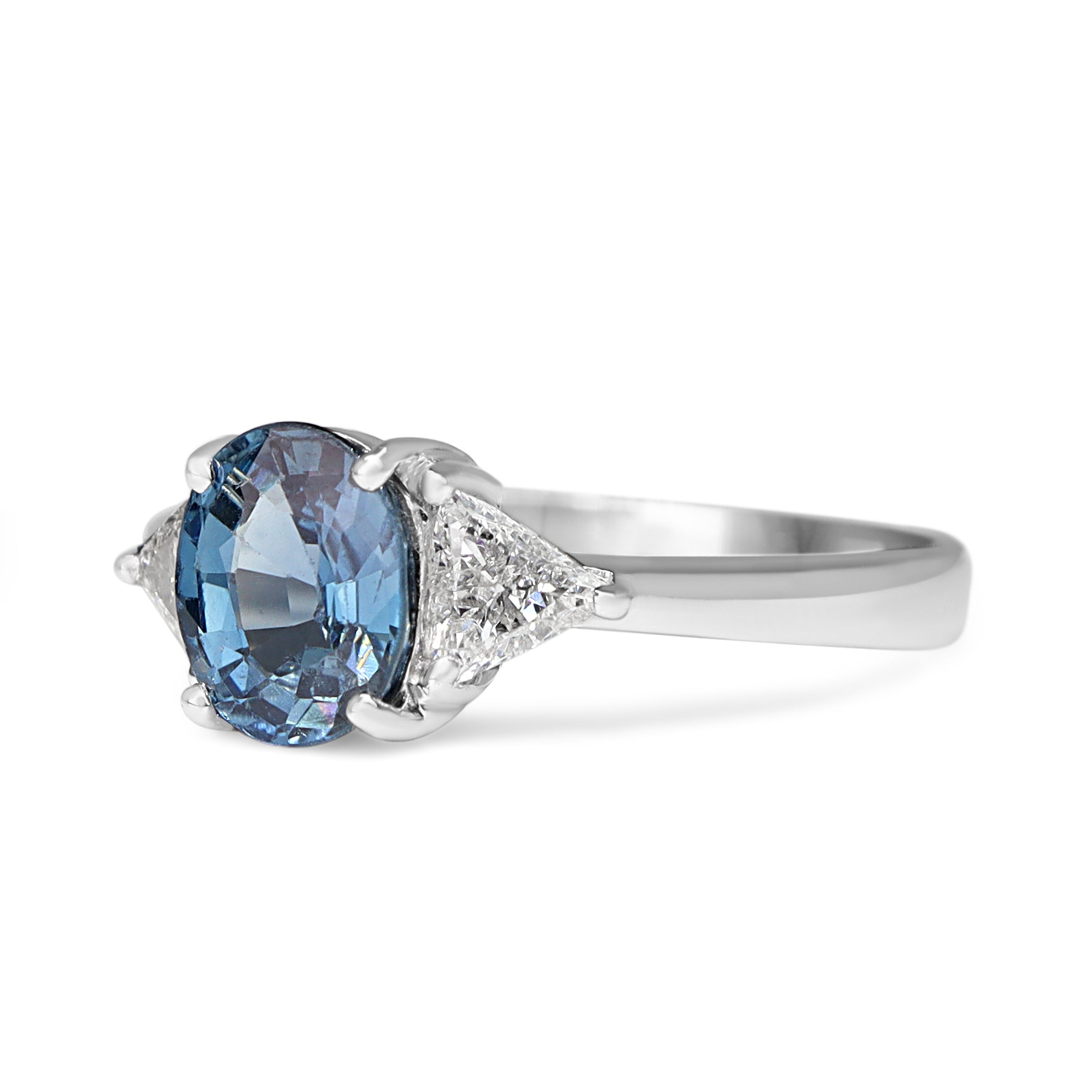 Platinum Sapphire and Diamond Trillion 3 Stone Ring
