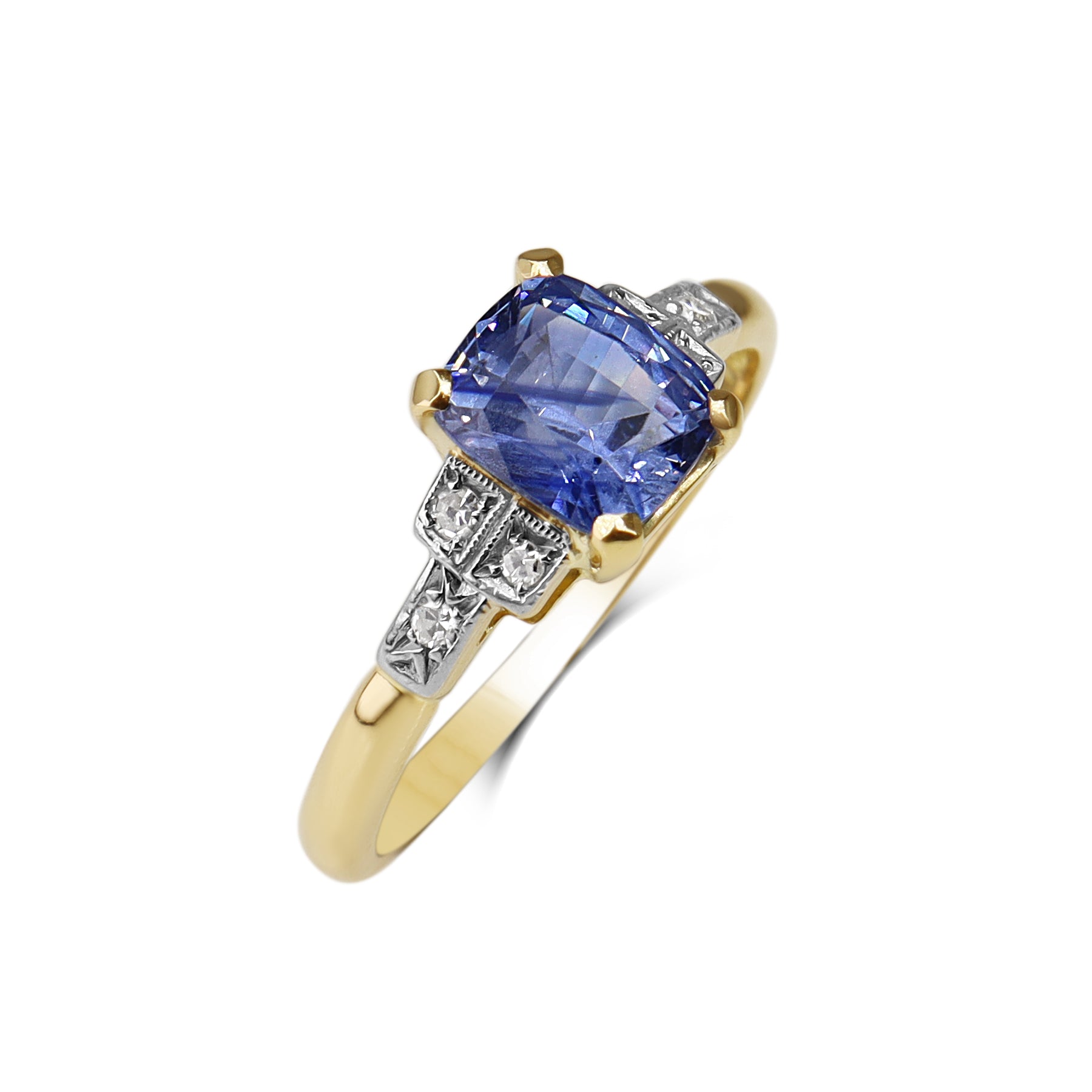 18ct Yellow Gold and Palladium Sapphire and Single Cut Diamond Vintage Ring