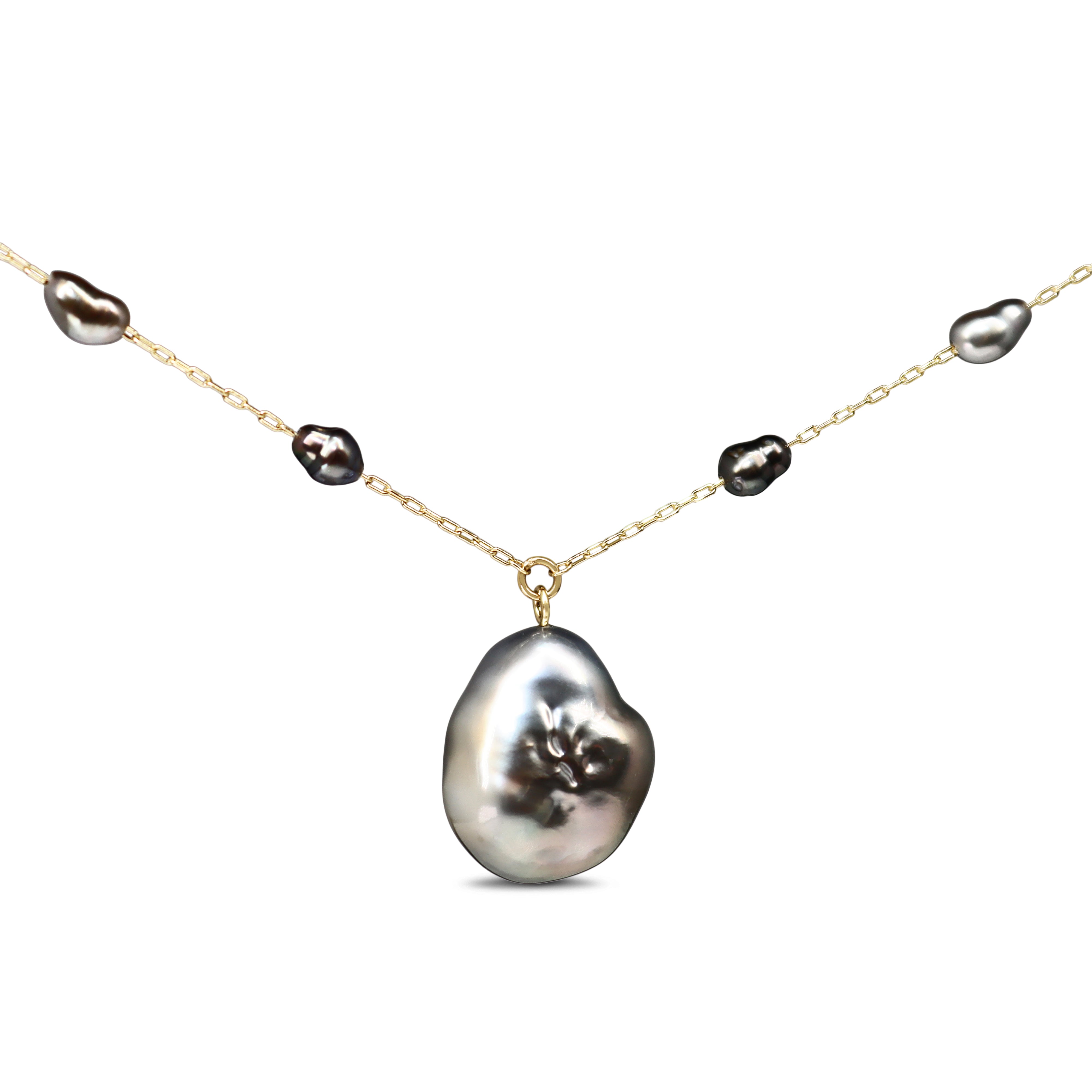 14ct Yellow Gold Black 11.5mm Tahitian Baroque Pearl Necklace