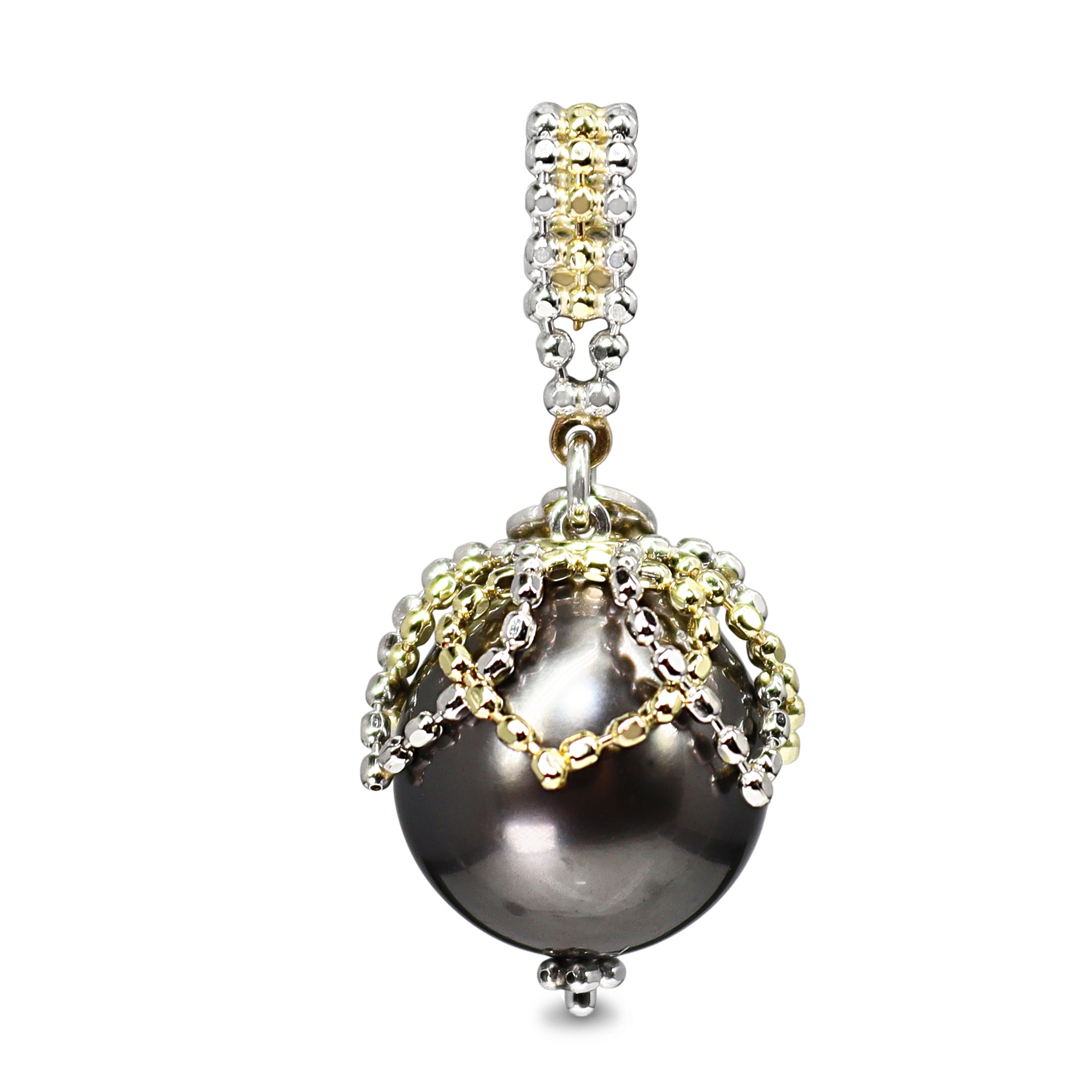 18ct Yellow and White Gold Beaded Cap Tahitian Pearl Pendant