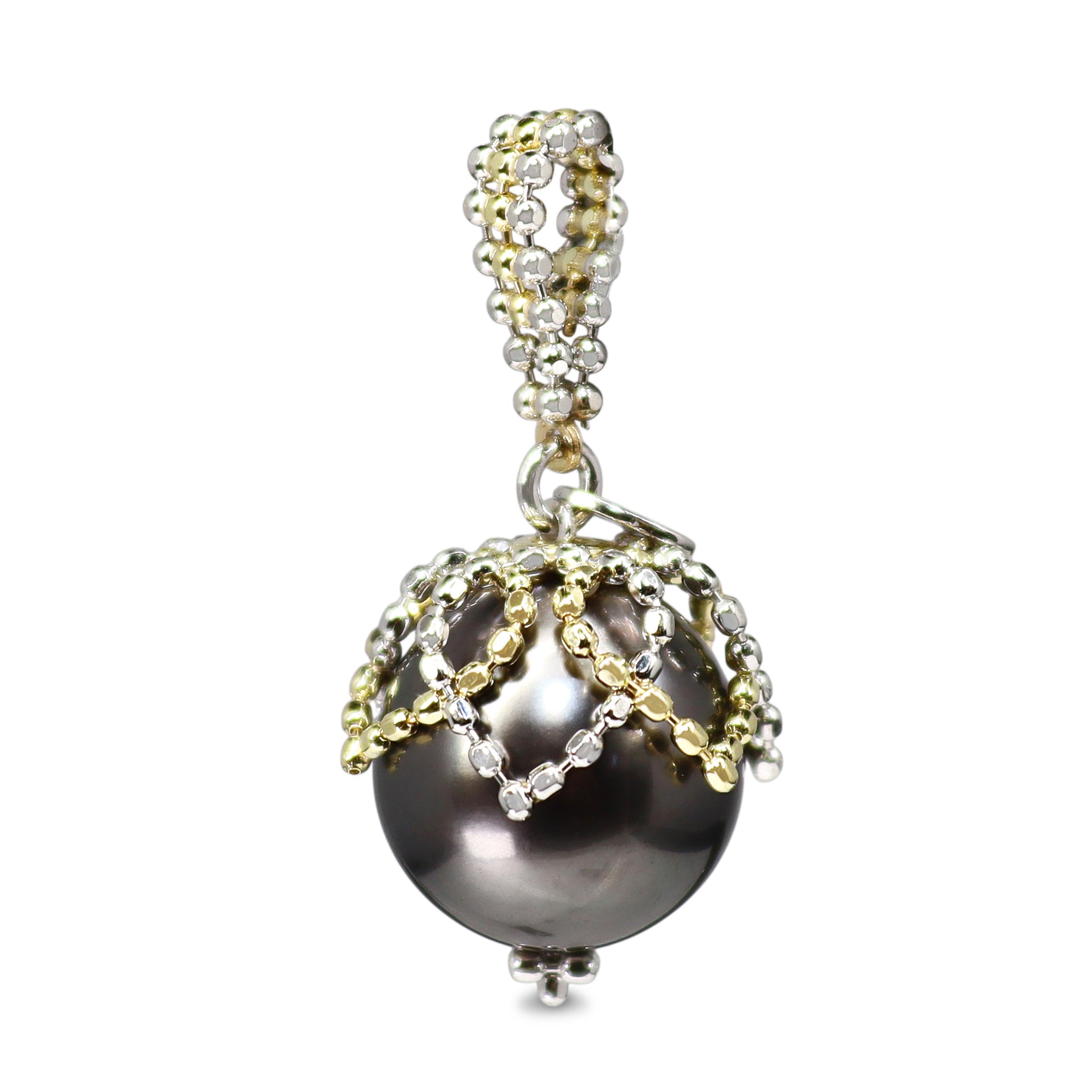 18ct Yellow and White Gold Beaded Cap Tahitian Pearl Pendant