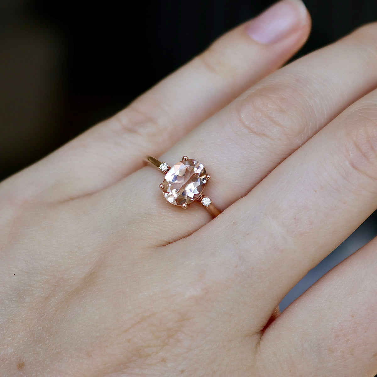 9ct Rose Gold Morganite and Diamond 3 Stone Ring