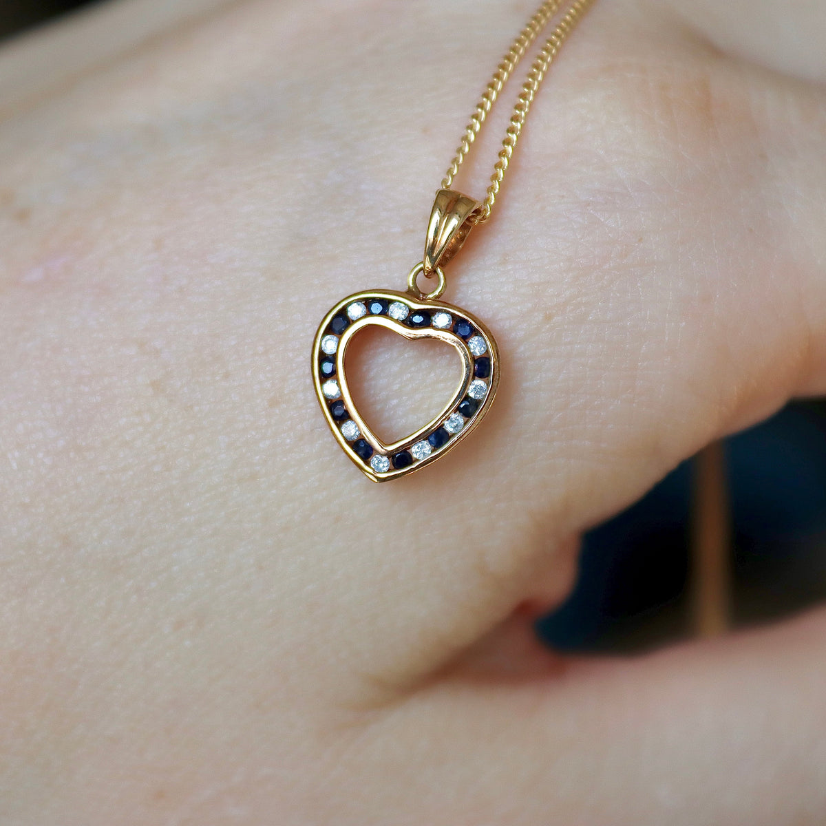 9ct Yellow Gold Sapphire and Diamond Channel Set Heart Necklace